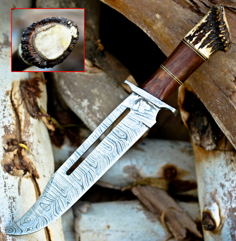 <h3>Handmade Forged Damascus Steel Hunting Bowie Rambo Knife With Deer Stag Antler Handle</h3>