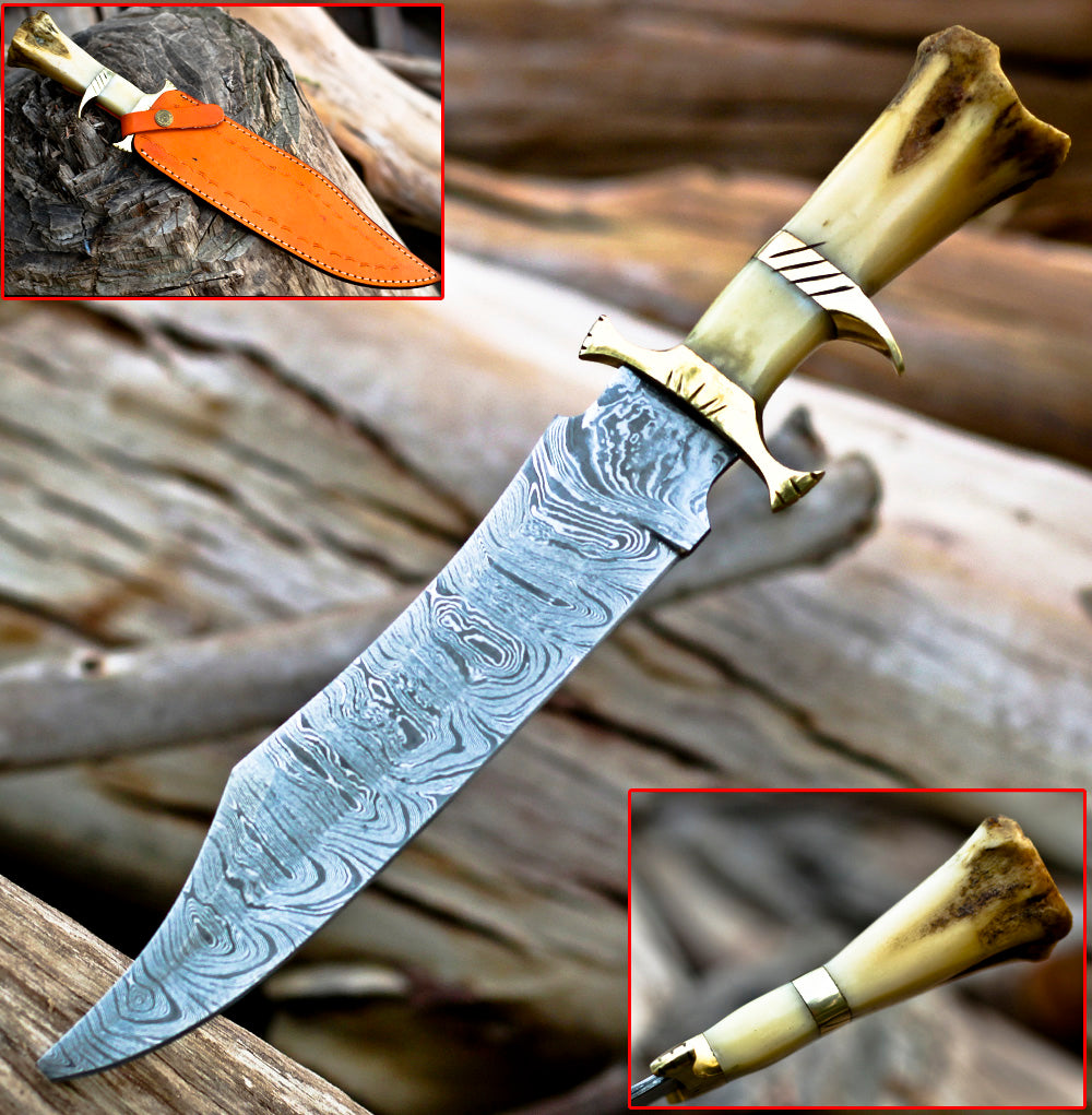 <h3>BOWIE KNIFE - DAMASCUS STEEL EDC 15_ BOWIE KNIFE RAMBO WITH LEATHER SHEATH  _ CAMEL BONE HANDLE</h3>