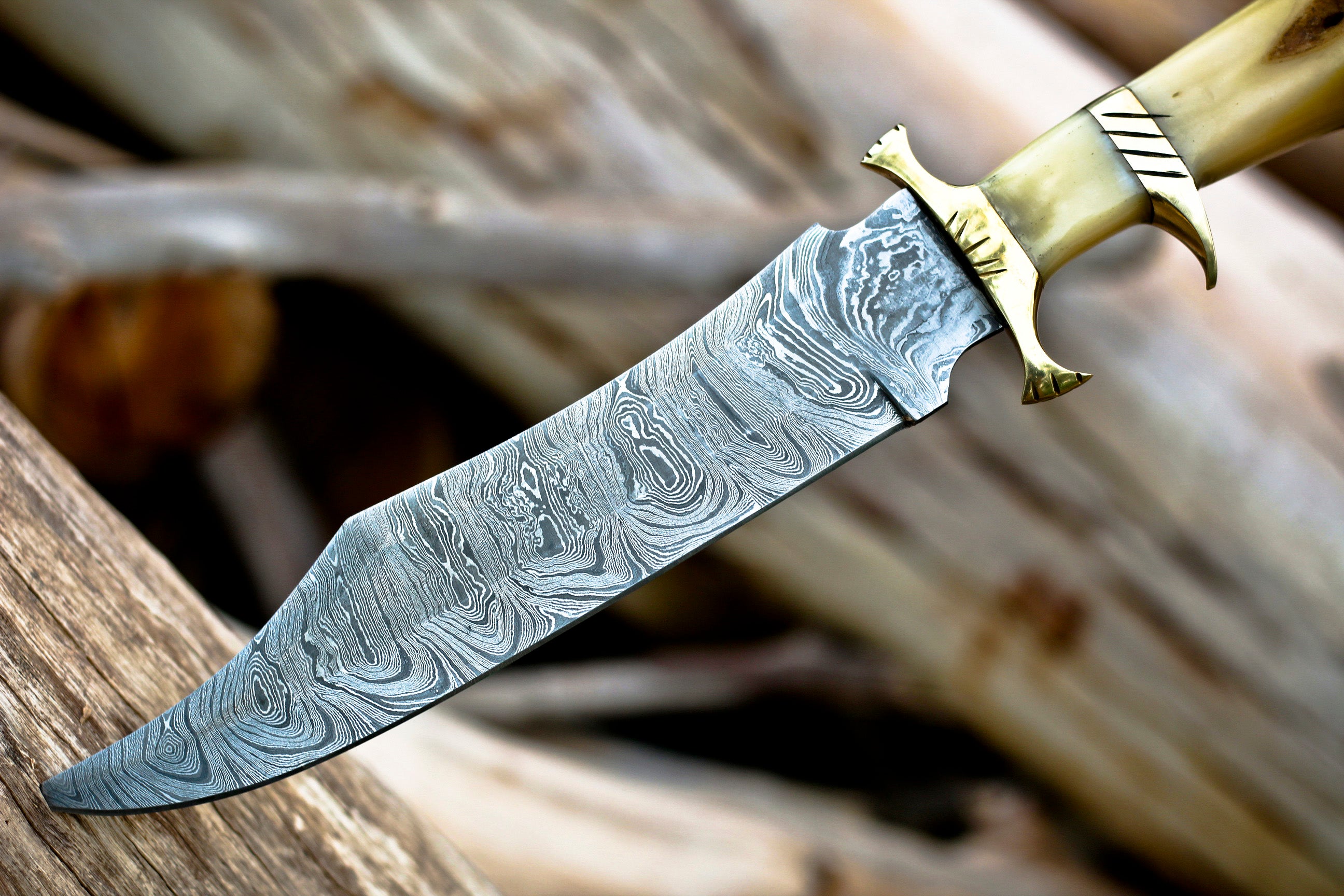 <h3>BOWIE KNIFE - DAMASCUS STEEL EDC 15_ BOWIE KNIFE RAMBO WITH LEATHER SHEATH  _ CAMEL BONE HANDLE</h3>