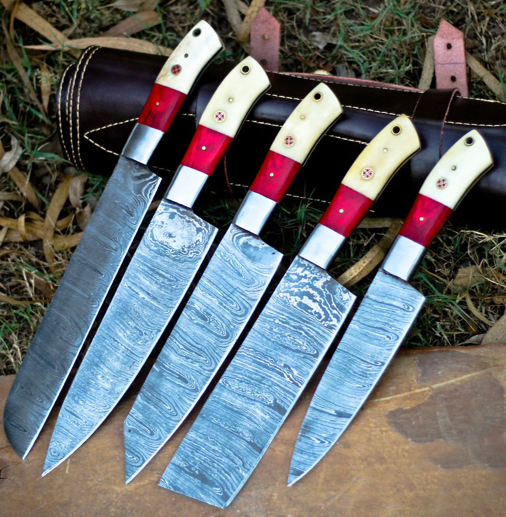 <h3>Custom Hand Made Forged Damascus Chef Knife Set Steel Bolster With Bone _ Stained Wood Handle</h3>