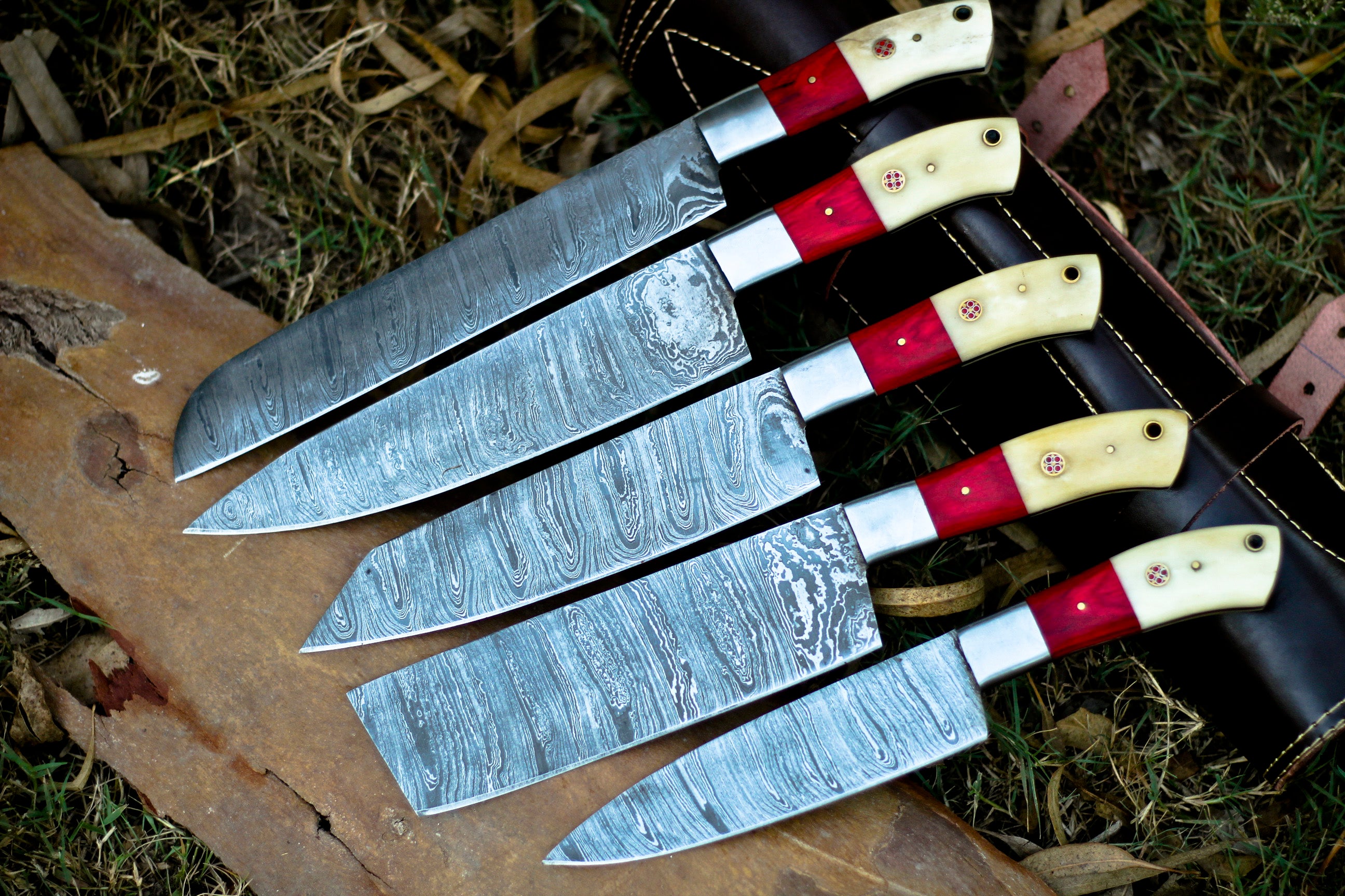 <h3>Custom Hand Made Forged Damascus Chef Knife Set Steel Bolster With Bone _ Stained Wood Handle</h3>