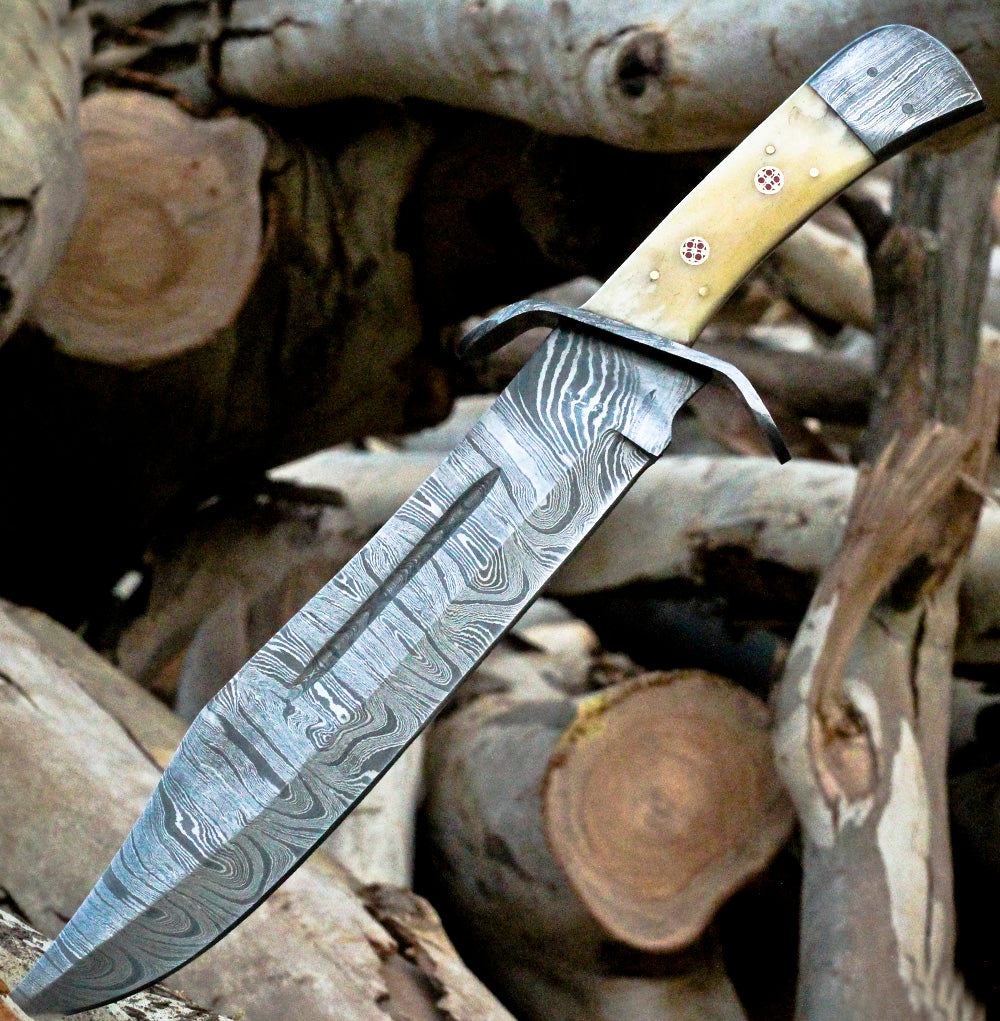 <h3>Handmade Damascus Steel Bowie Knife- Full Tang - Camel Bone Handle</h3>