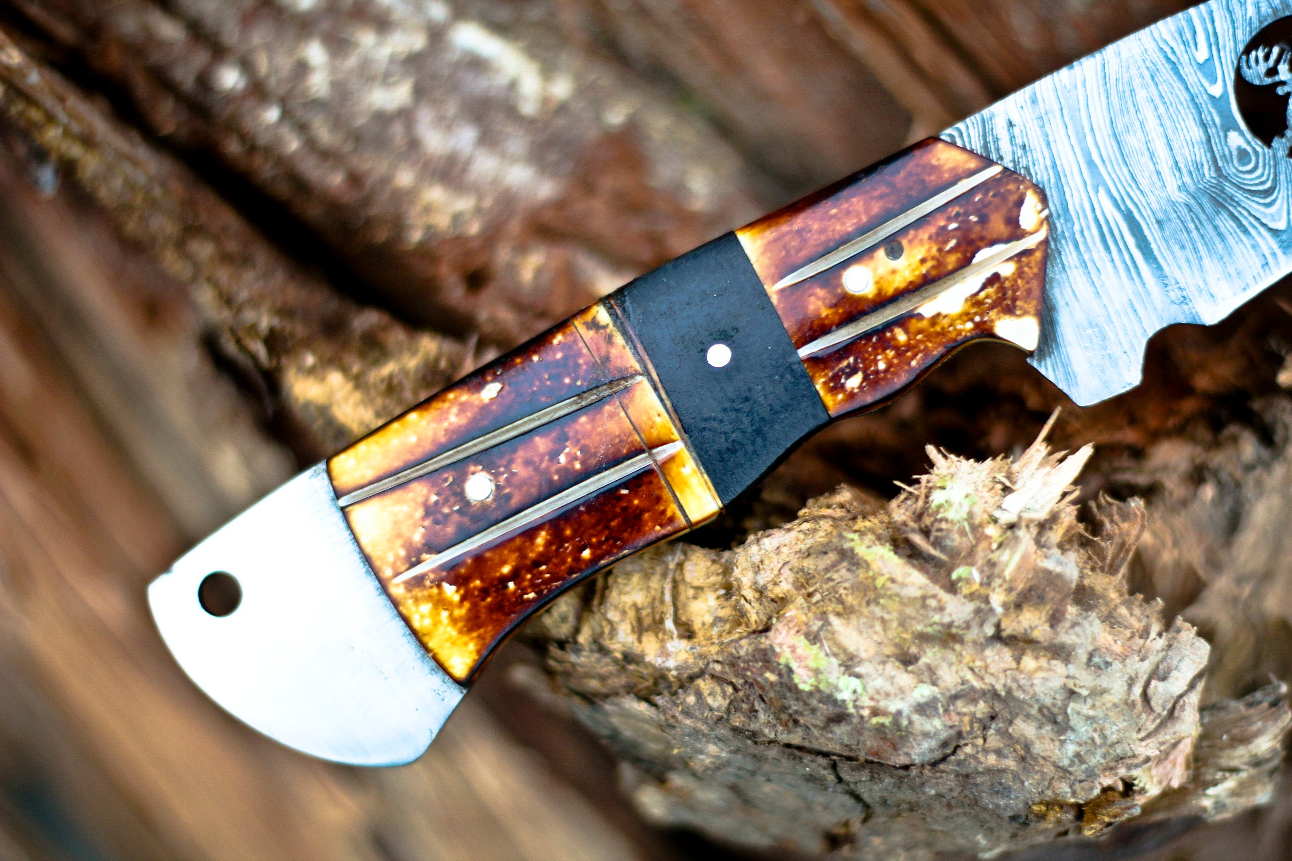 <h3>Custom Hand Forged Damascus Steel Full Tang Skinner Knife with Gut Hook - Stag Handle</h3>