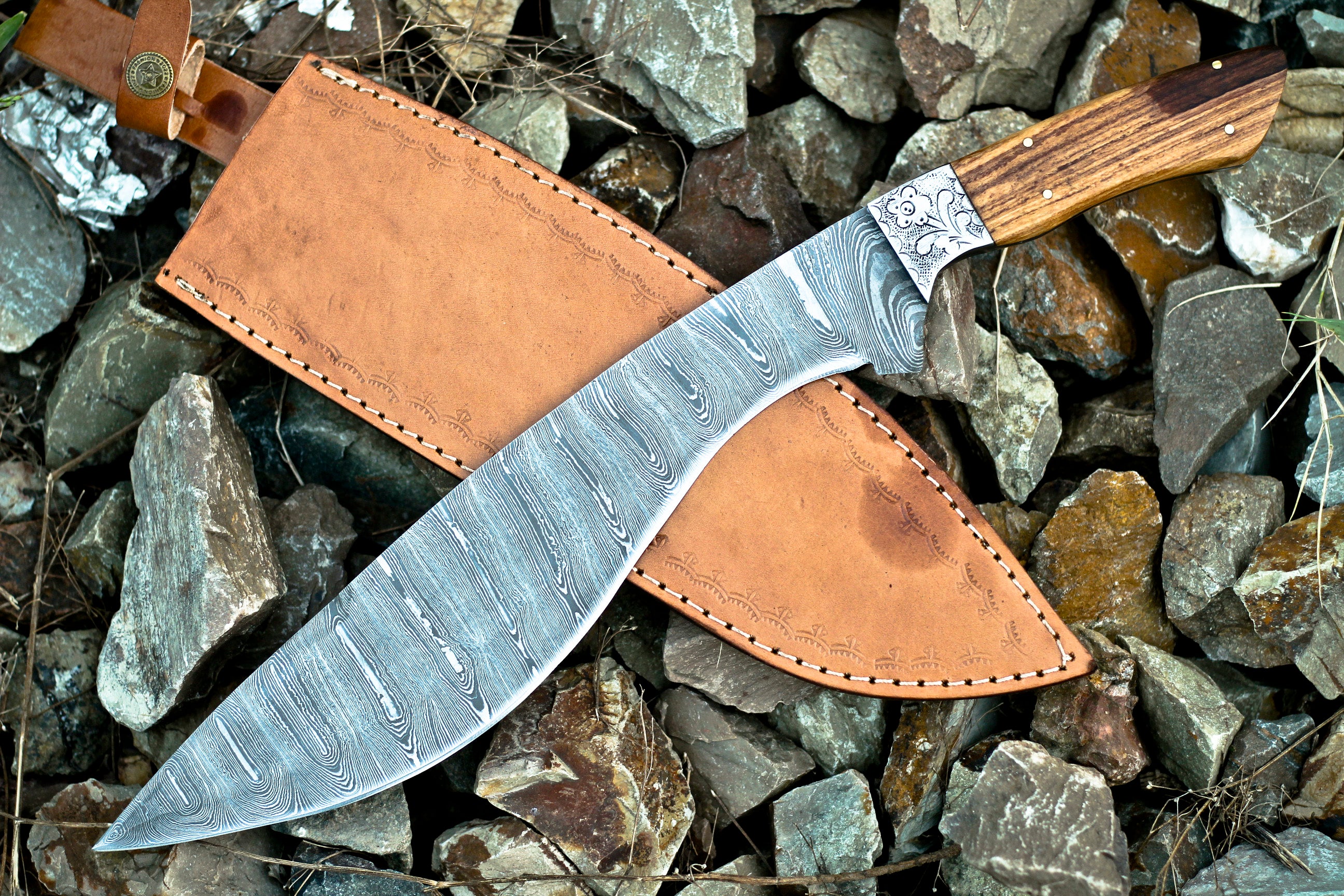 <h3>Custom Handmade Forged Damascus Steel Survival Hunting Bushcraft Kukri Knife EDC 12” With Cocobolo Wood Bull Horn _ Engraved Bolster Handle</h3>