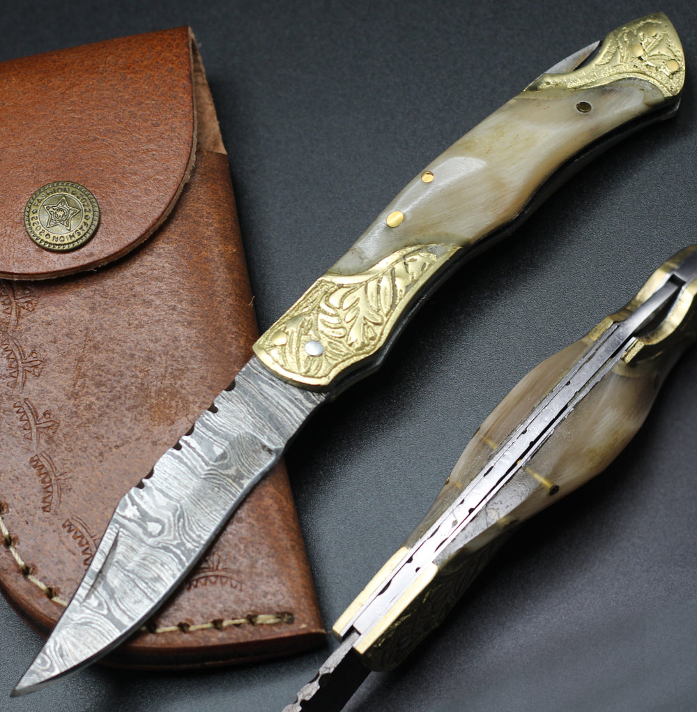 <h3>Custom Hand Forged Damascus Steel Hunting Folding Knife With Brass Bolster _ Ram Horn Handle</h3>
