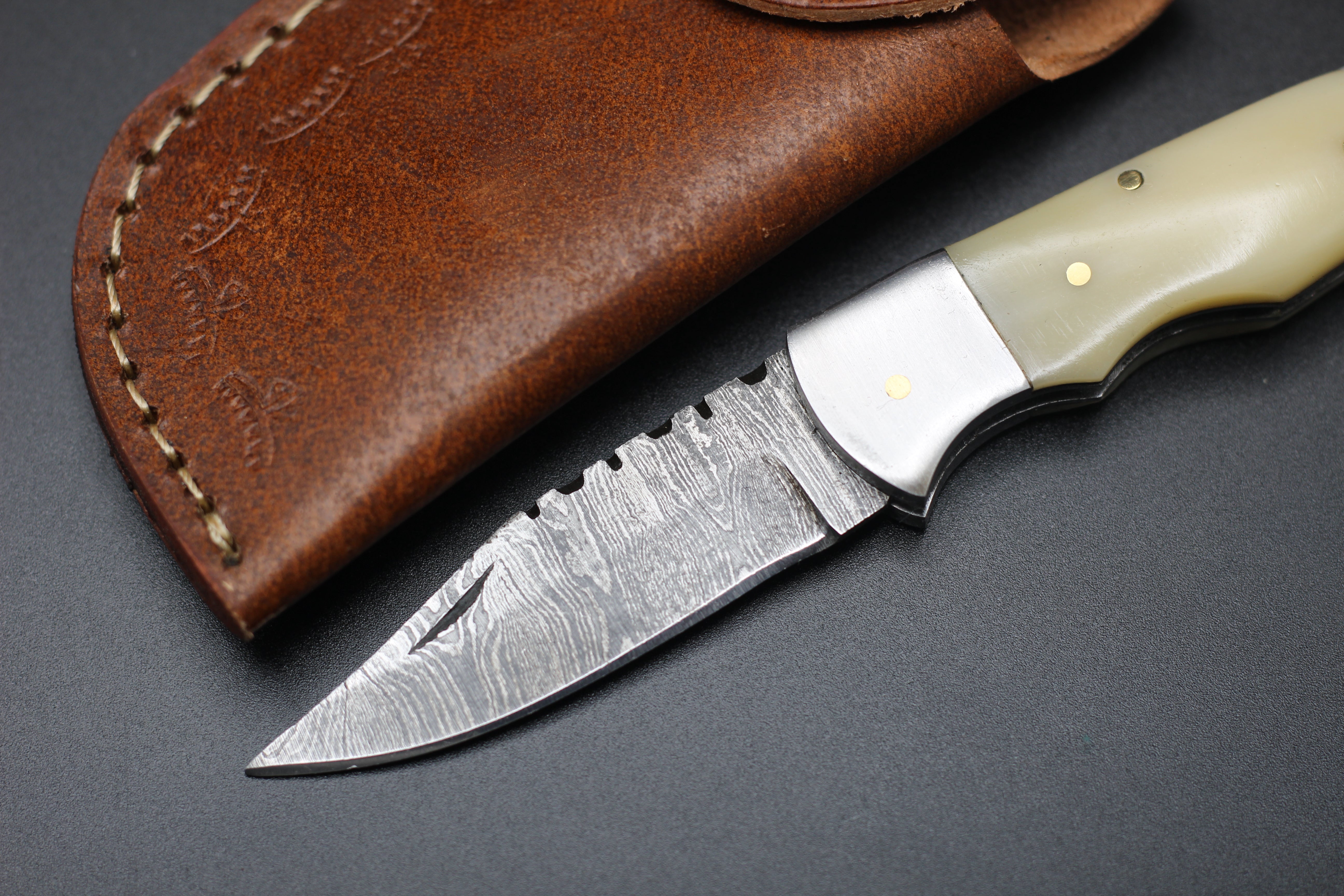 <h3>Handmade Damascus Pocket Knife - 6.5_ Back Lock Folding Knife Bone Handle - Camping Knife</h3>