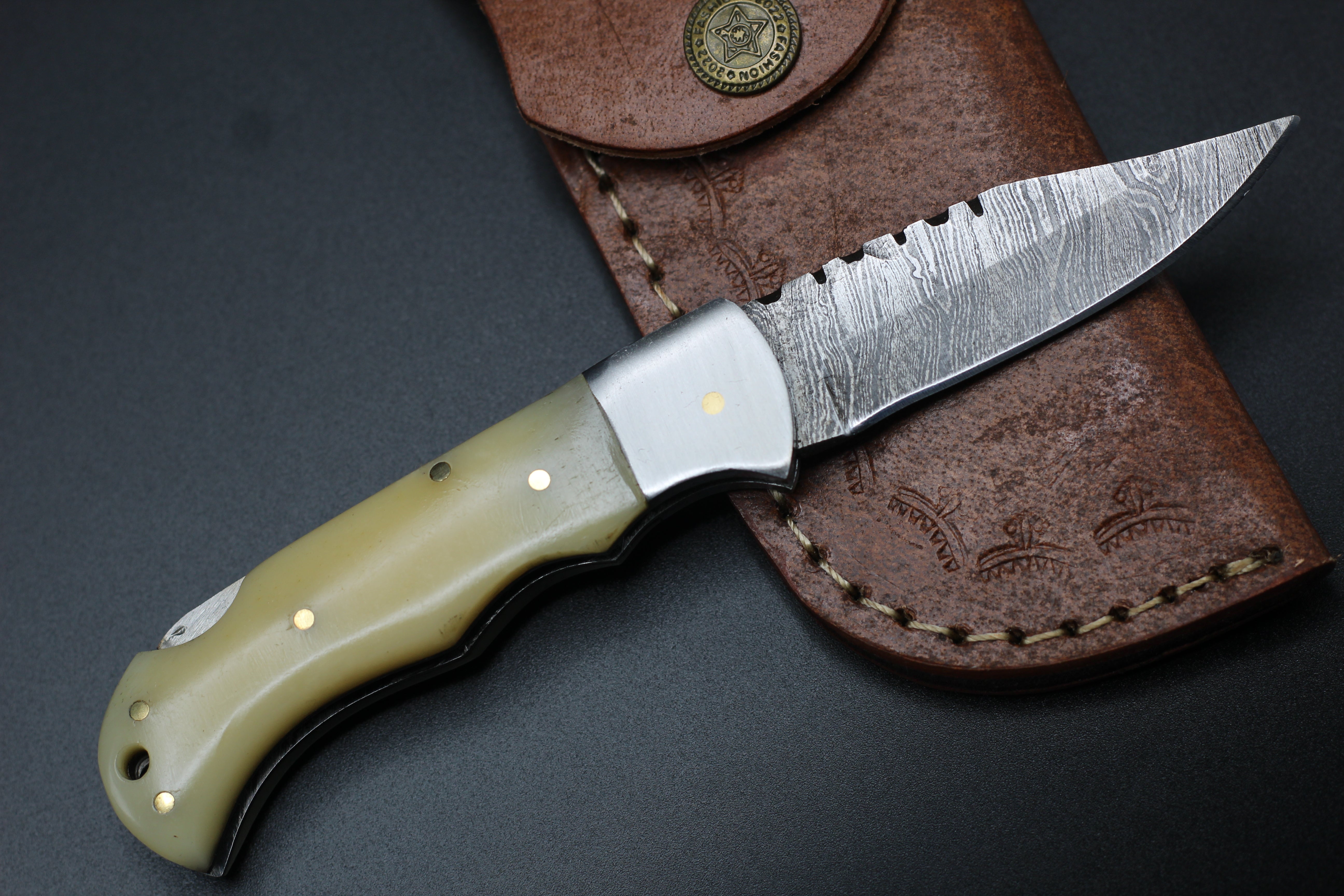 <h3>Handmade Damascus Pocket Knife - 6.5_ Back Lock Folding Knife Bone Handle - Camping Knife</h3>