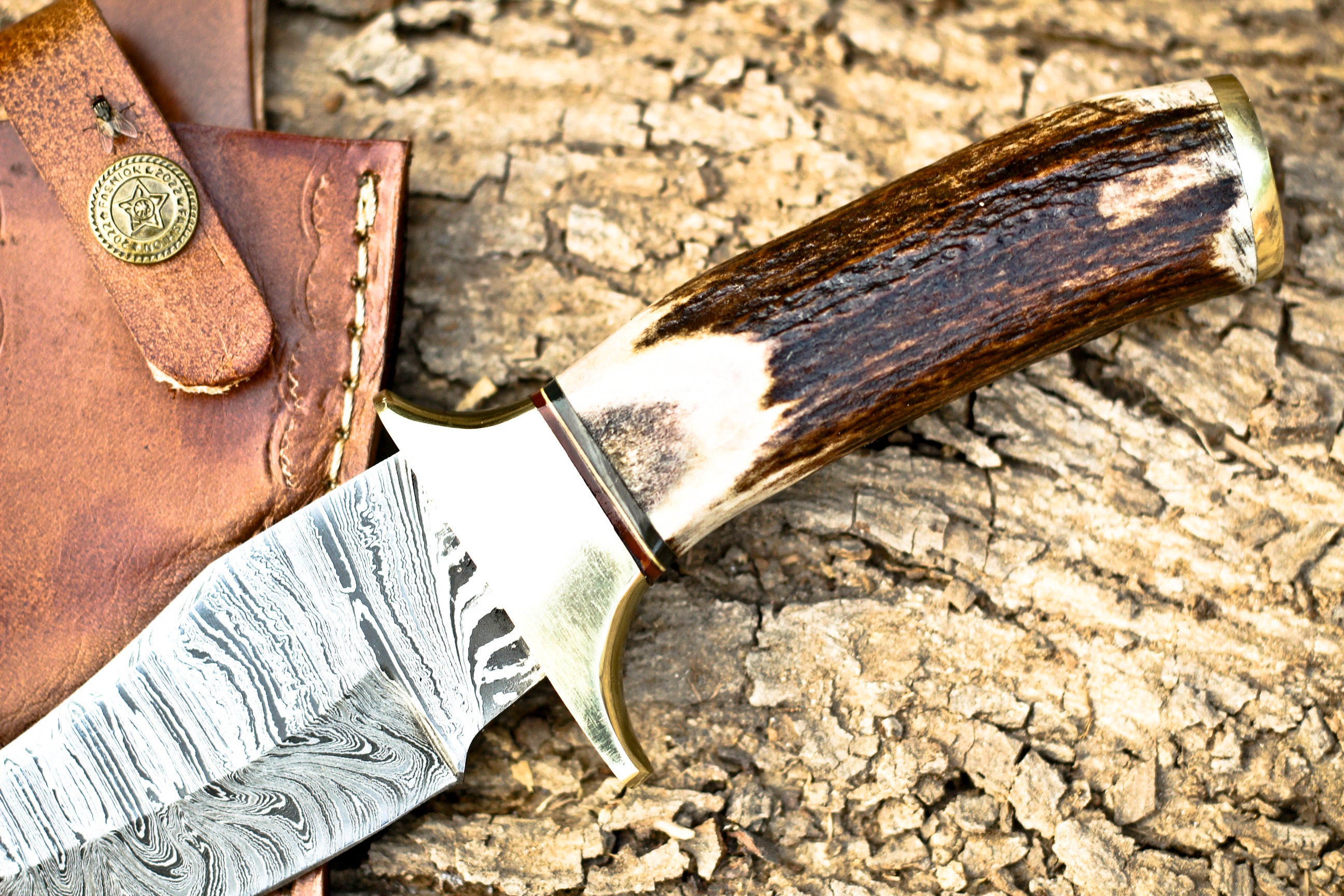 <h3>Custom HANDMADE FORGED DAMASCUS Steel Hunting Knife W Stag _ Brass Guard Handle</h3>