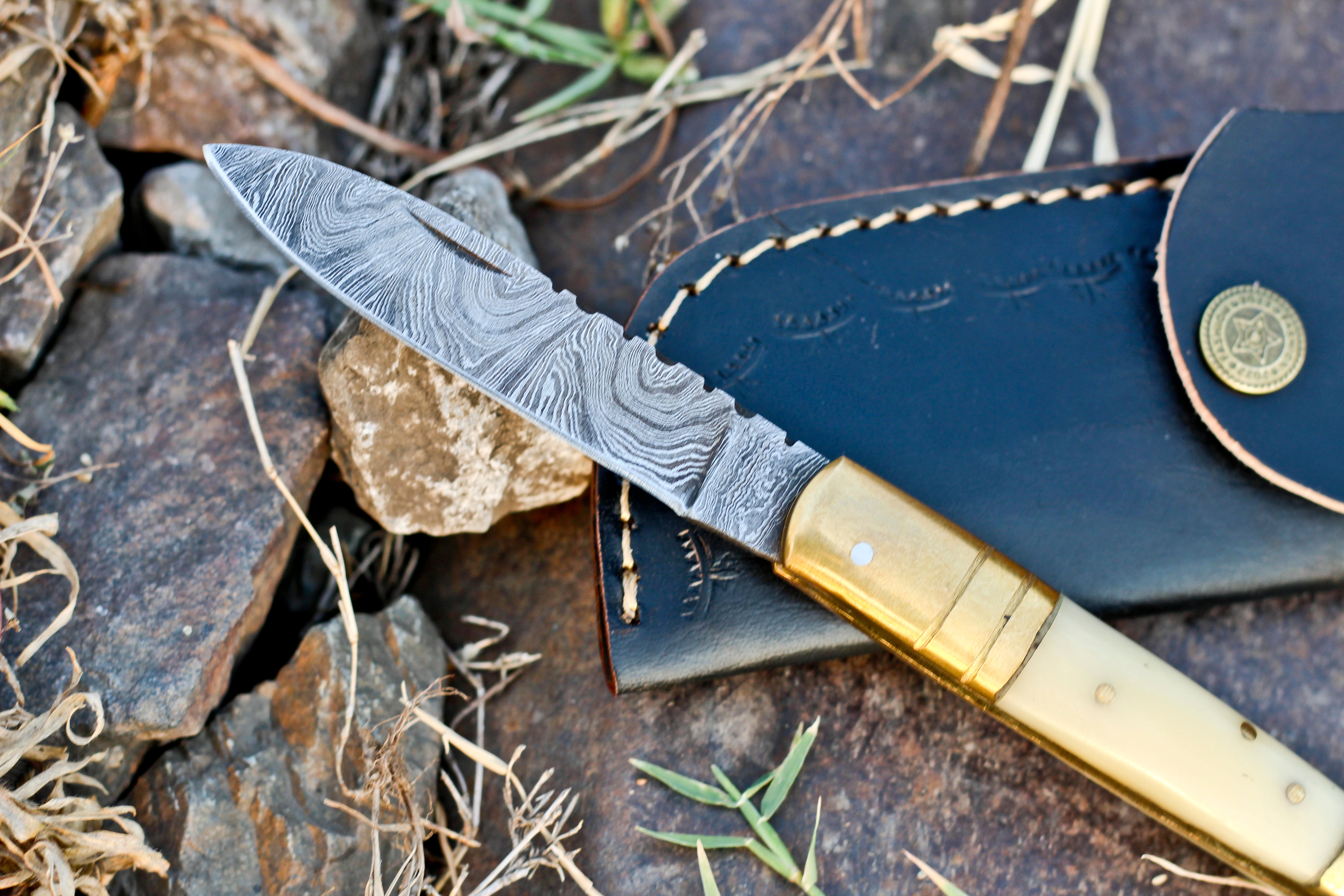 <h3>Hand Forged Damascus Steel Camel Bone Handle Pocket Knife With Genuine Cow Sheath</h3>