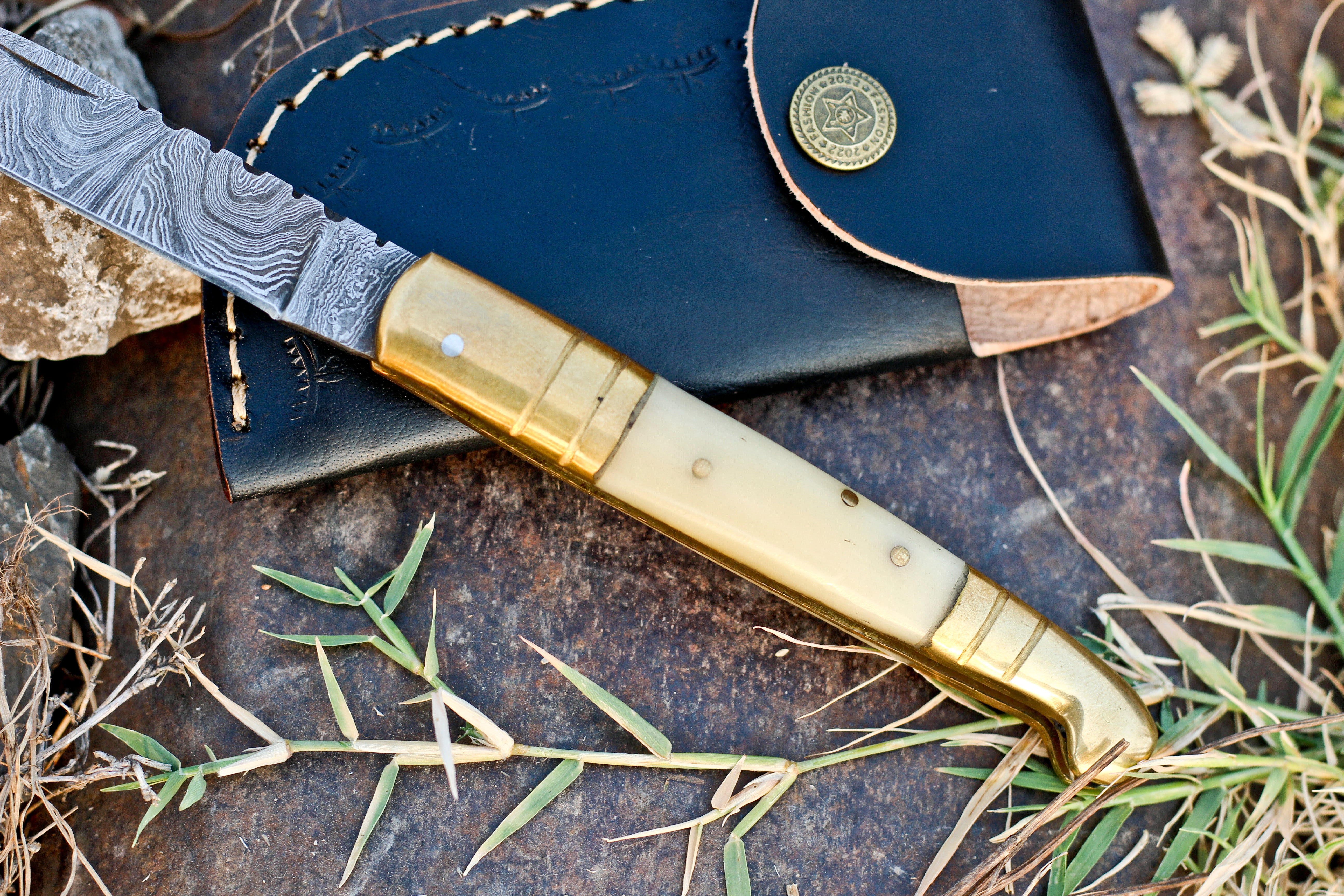 <h3>Hand Forged Damascus Steel Camel Bone Handle Pocket Knife With Genuine Cow Sheath</h3>