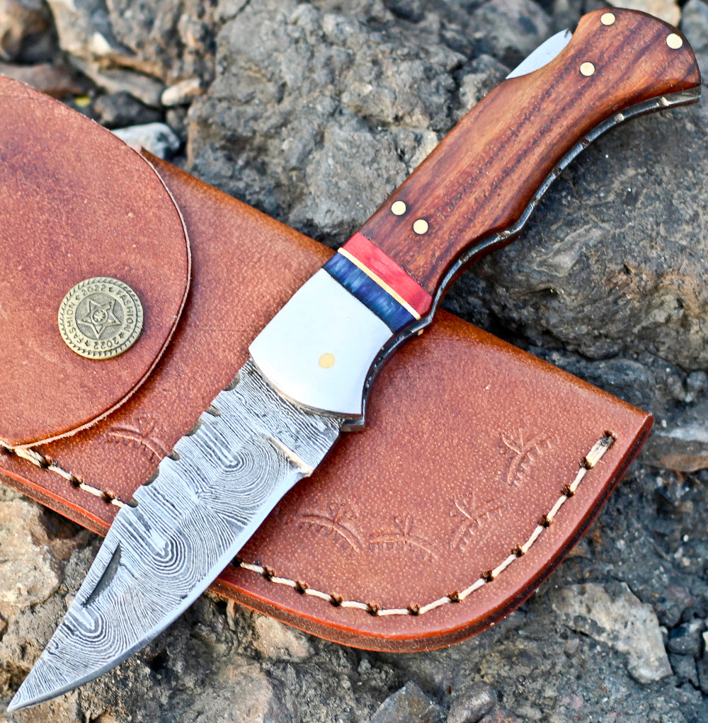 <h3>Custom Hand Forged Damascus Folding Pocket Knife With Wood Handle _ Back Lock</h3>
