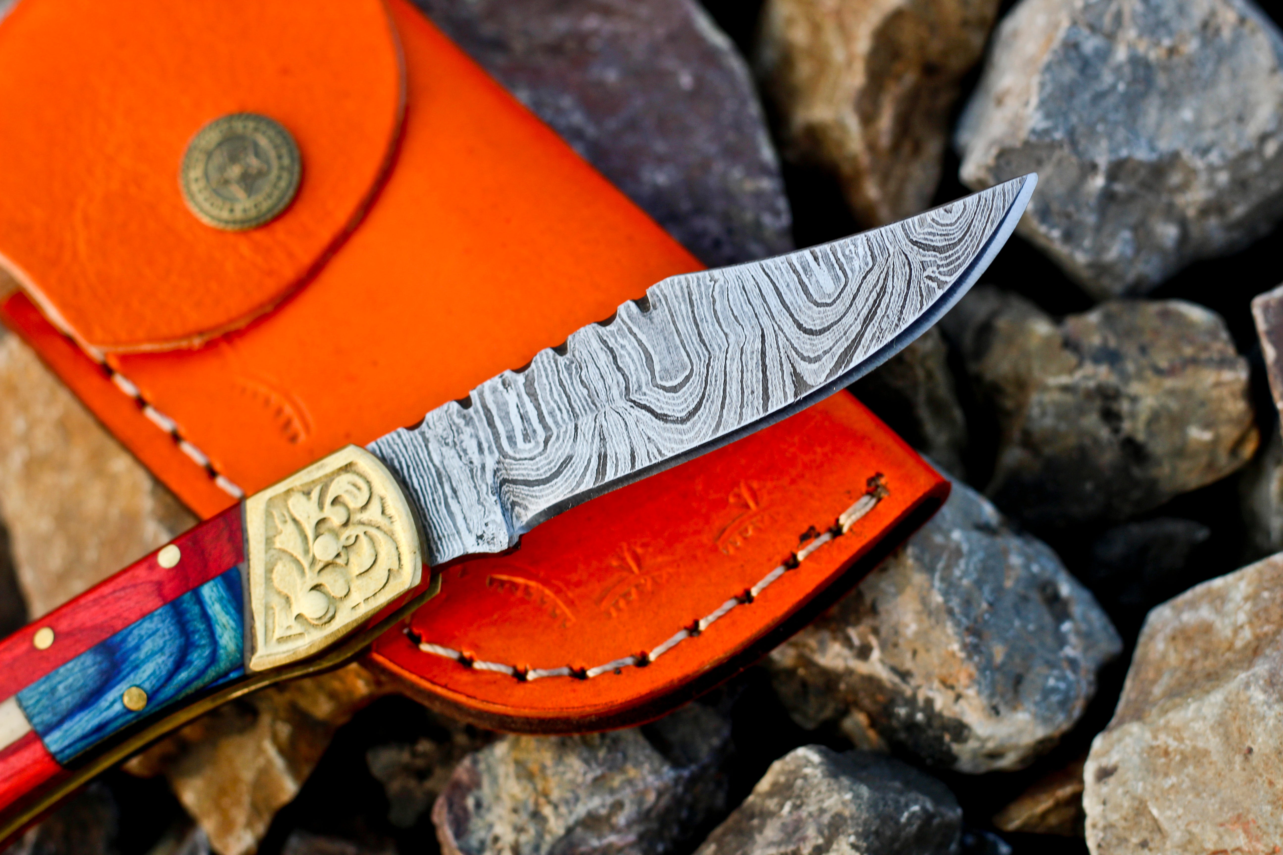<h3>Custom Hand Made Forged Damascus Folding Knife Engraved Brass Stained Wood Handle</h3>