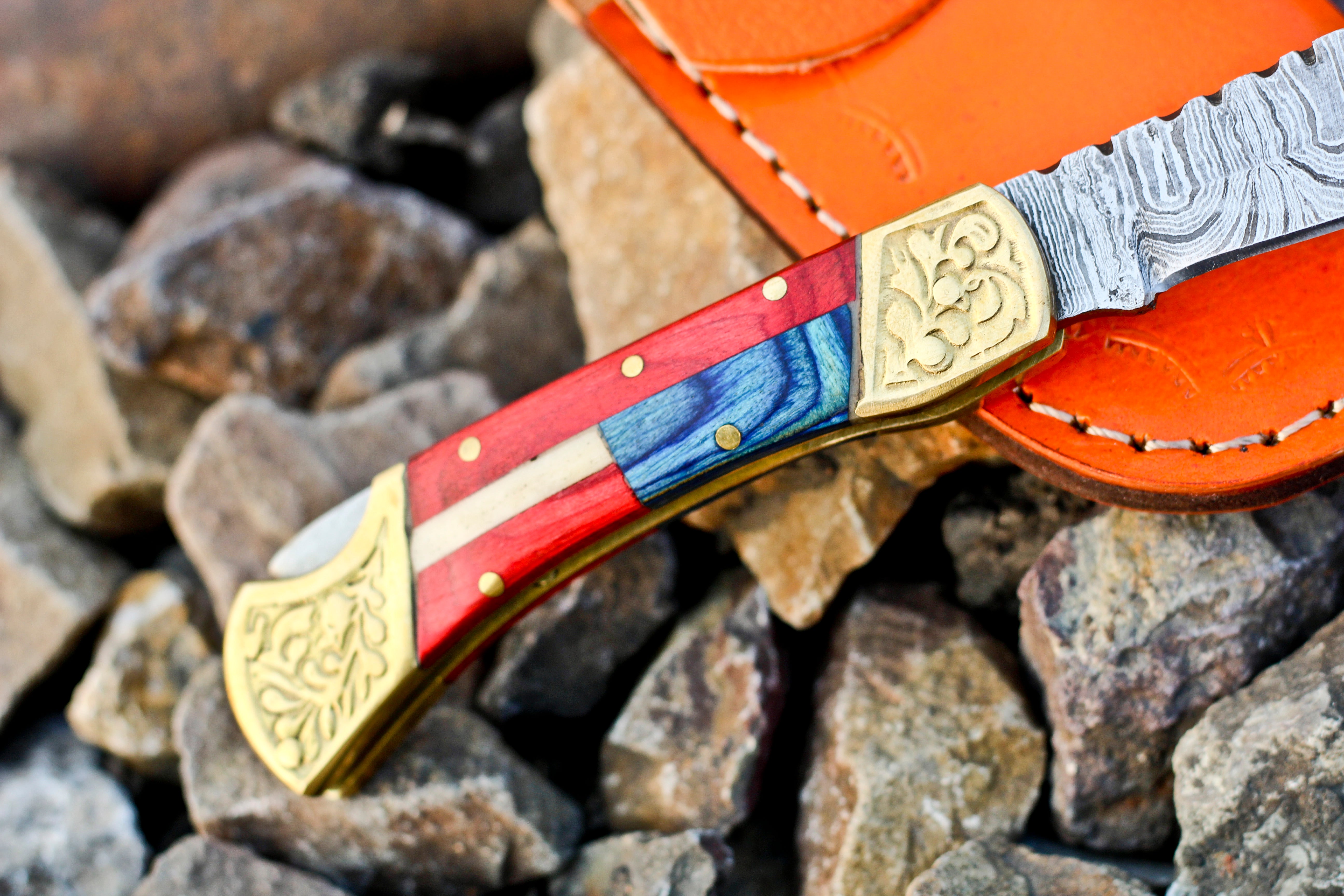 <h3>Custom Hand Made Forged Damascus Folding Knife Engraved Brass Stained Wood Handle</h3>