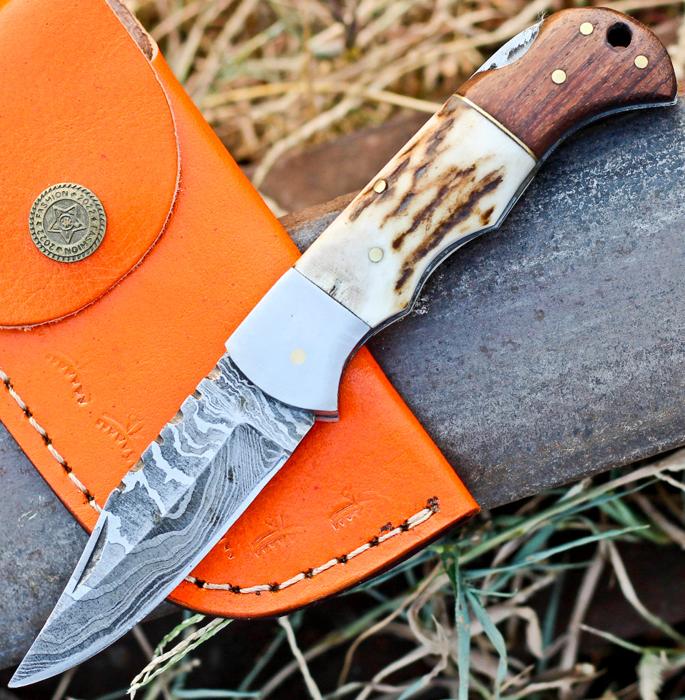 <h3>Handmade Forged Damascus Steel Hunting Camping Folding Pocket Knife With Stag Antler _ Cocobolo Wood Steel Bolster Handle</h3>