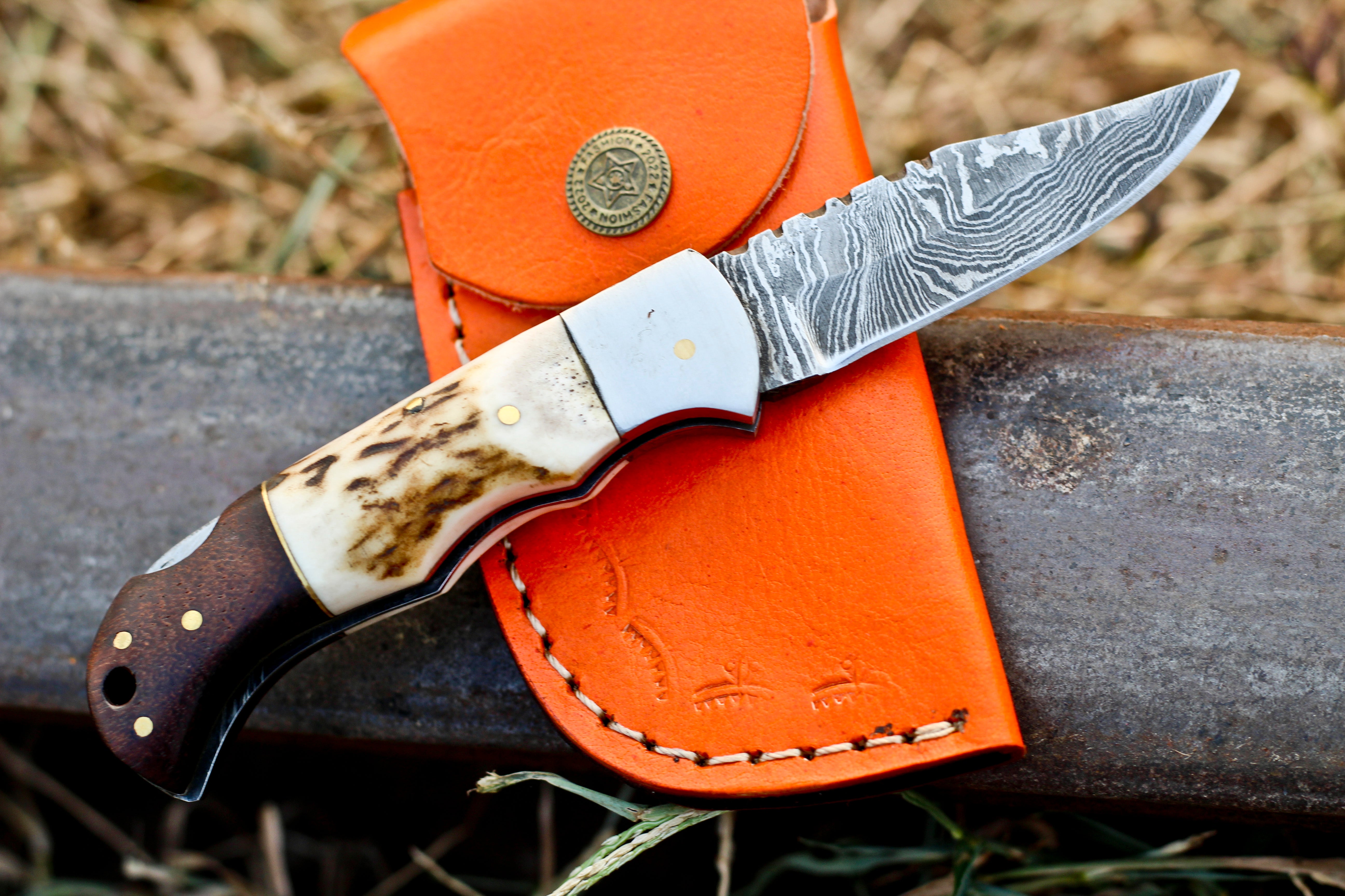 <h3>Handmade Forged Damascus Steel Hunting Camping Folding Pocket Knife With Stag Antler _ Cocobolo Wood Steel Bolster Handle</h3>