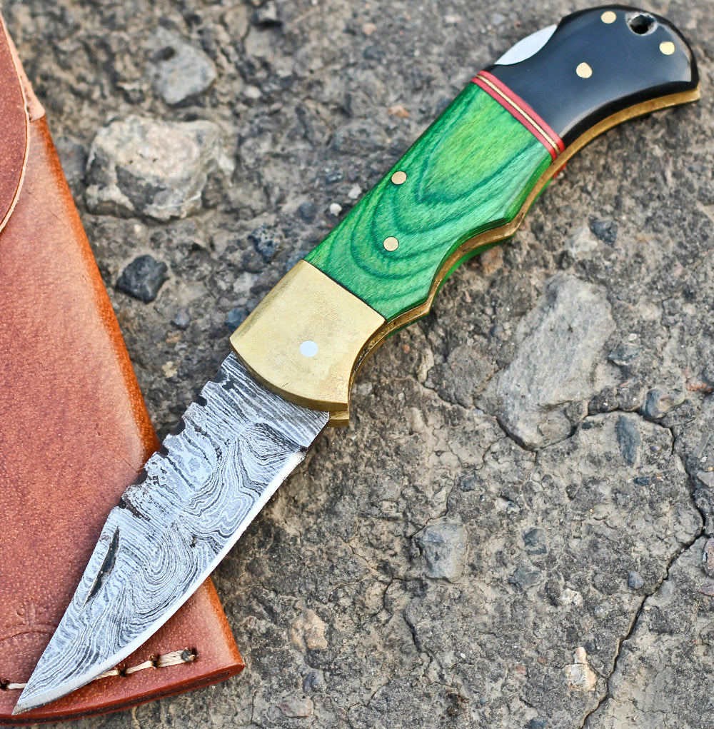 <h3>Custom Hand Forged Damascus Folding Knife Brass Bolster With Horn _ Stain Wood Handle</h3>