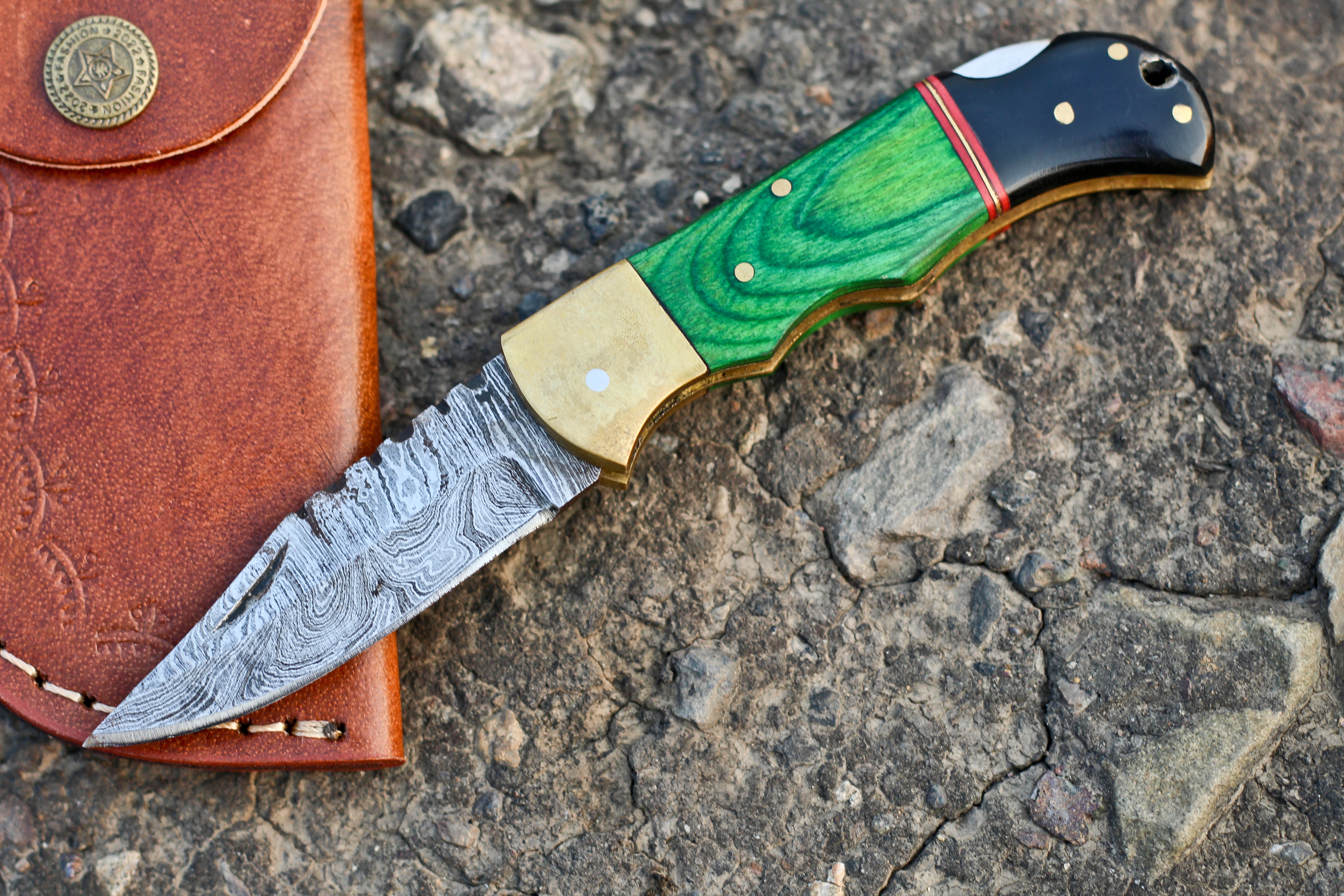 <h3>Custom Hand Forged Damascus Folding Knife Brass Bolster With Horn _ Stain Wood Handle</h3>