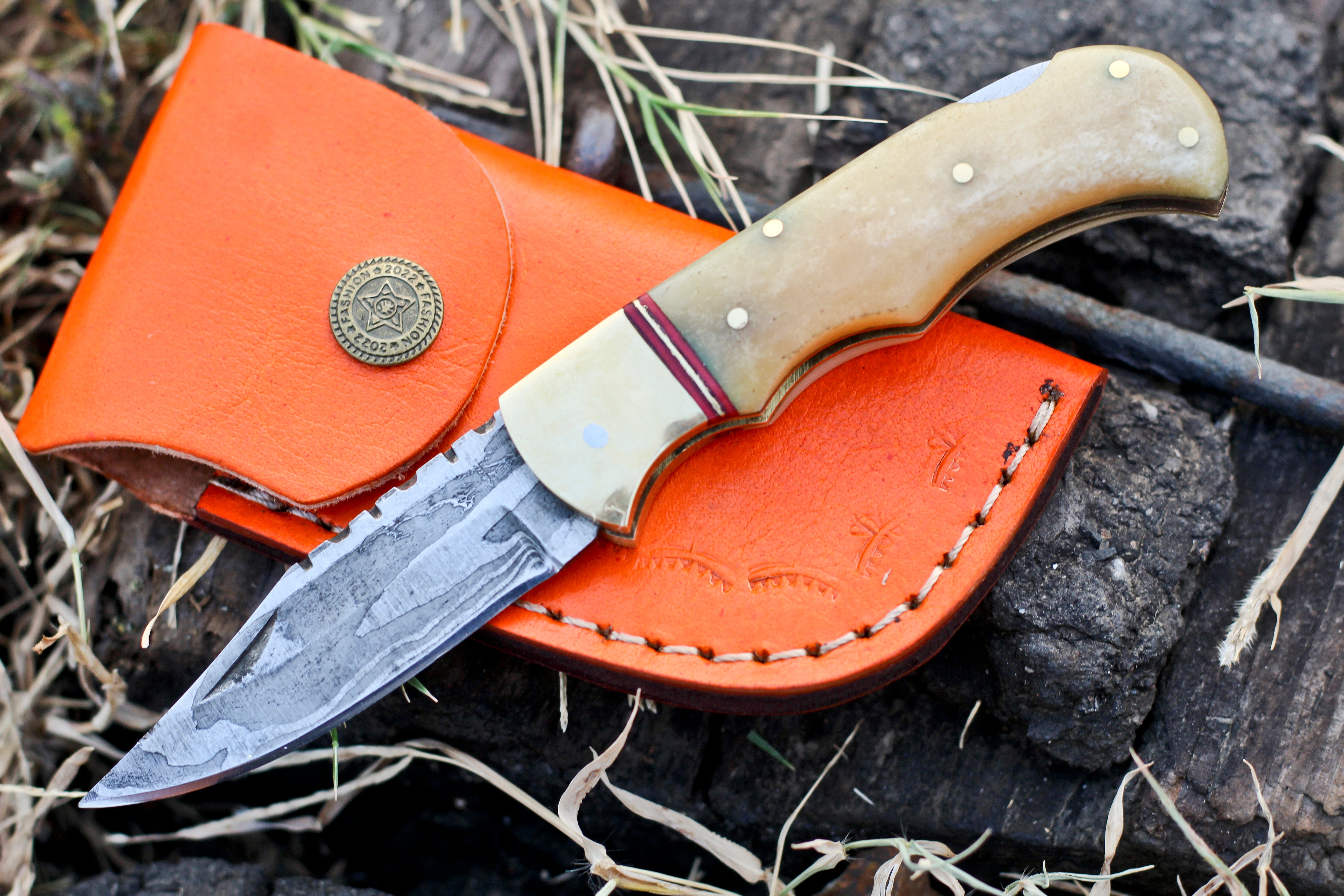 <h3>Custom Hand Forged Damascus Folding Knife Engraved Brass Bolster With Bone Handle</h3>