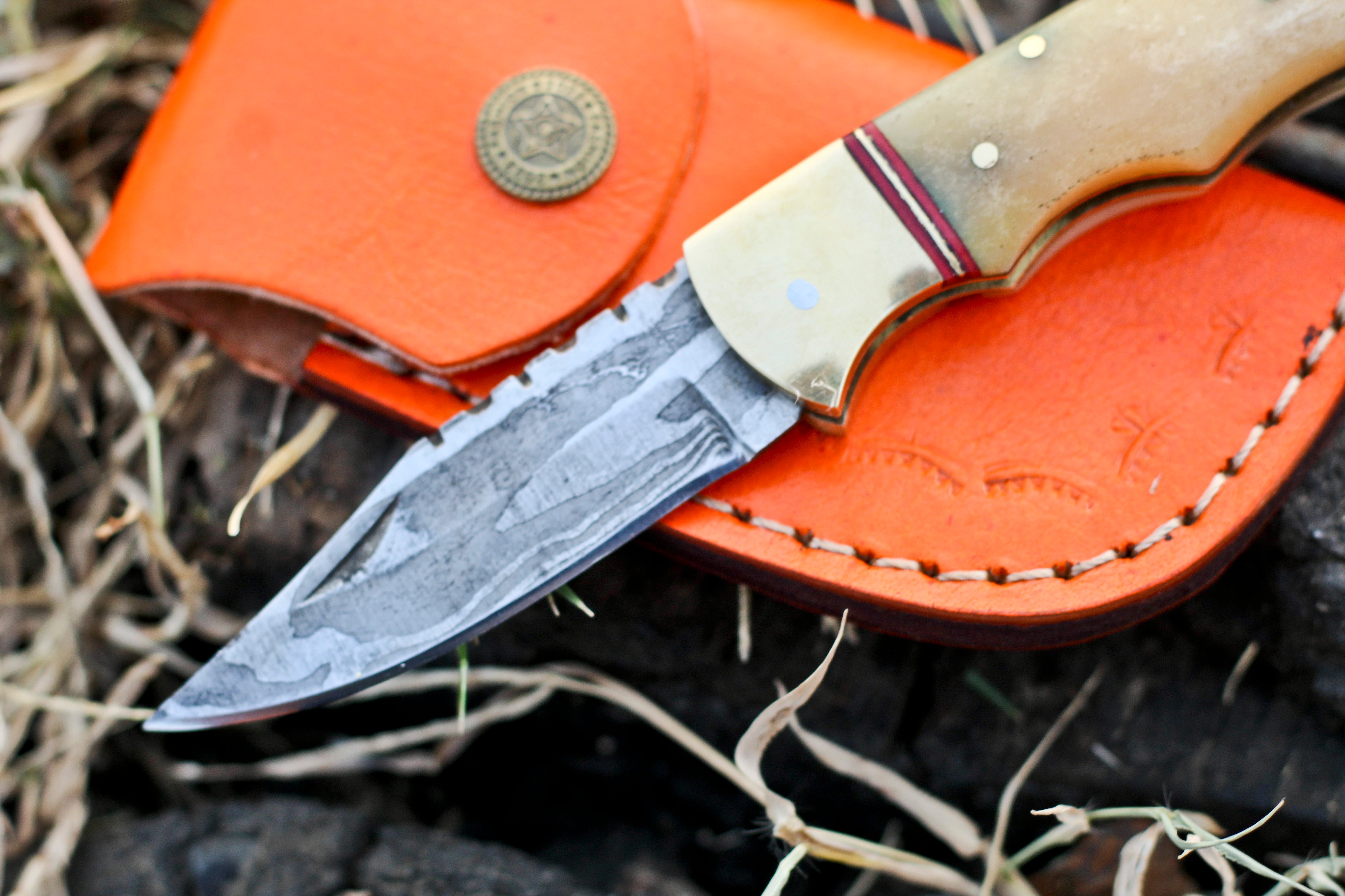 <h3>Custom Hand Forged Damascus Folding Knife Engraved Brass Bolster With Bone Handle</h3>