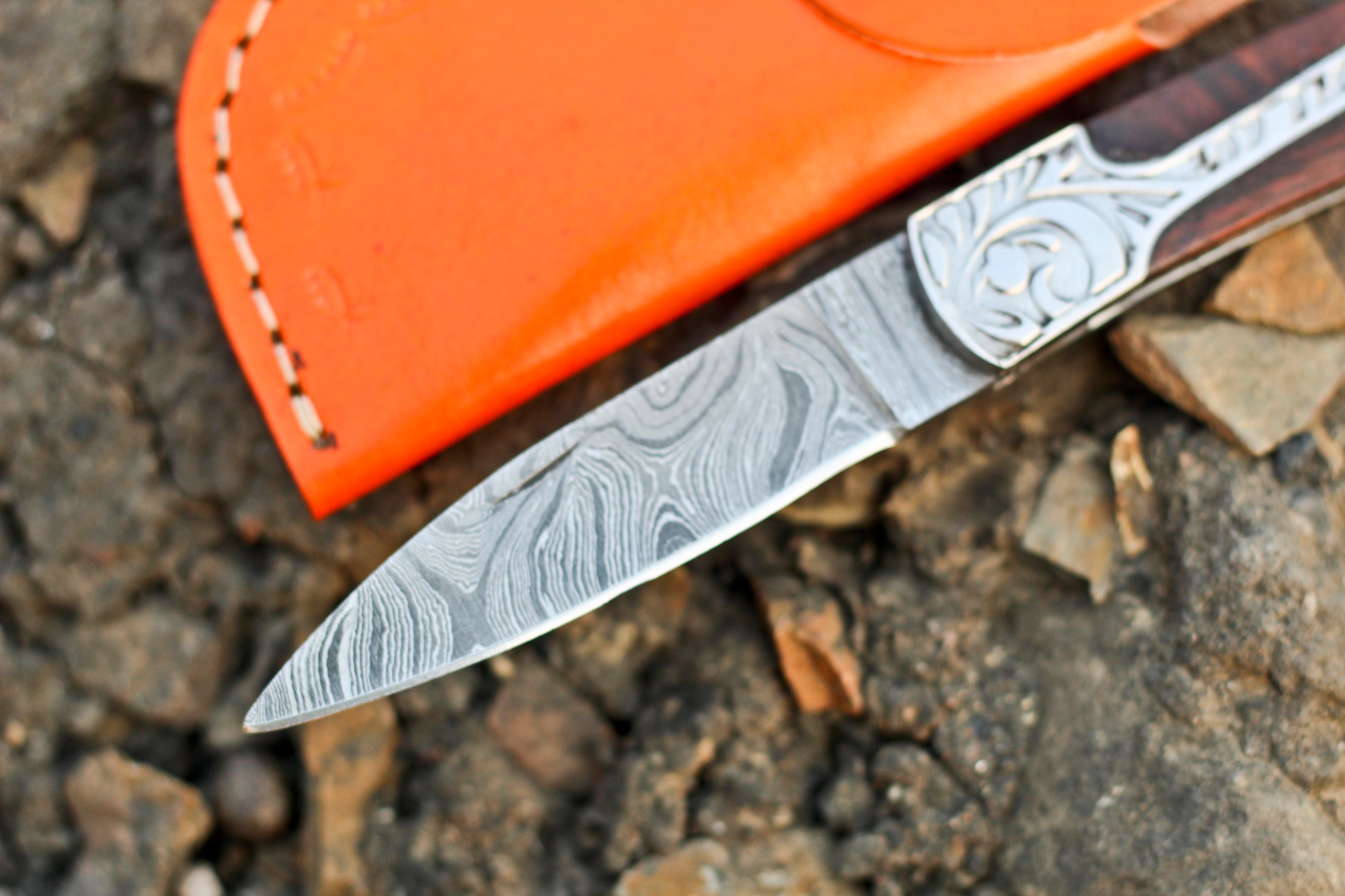 <h3>Handmade Dark Wood Handle Folding Pocket Knife With Engraved Frame Work</h3>