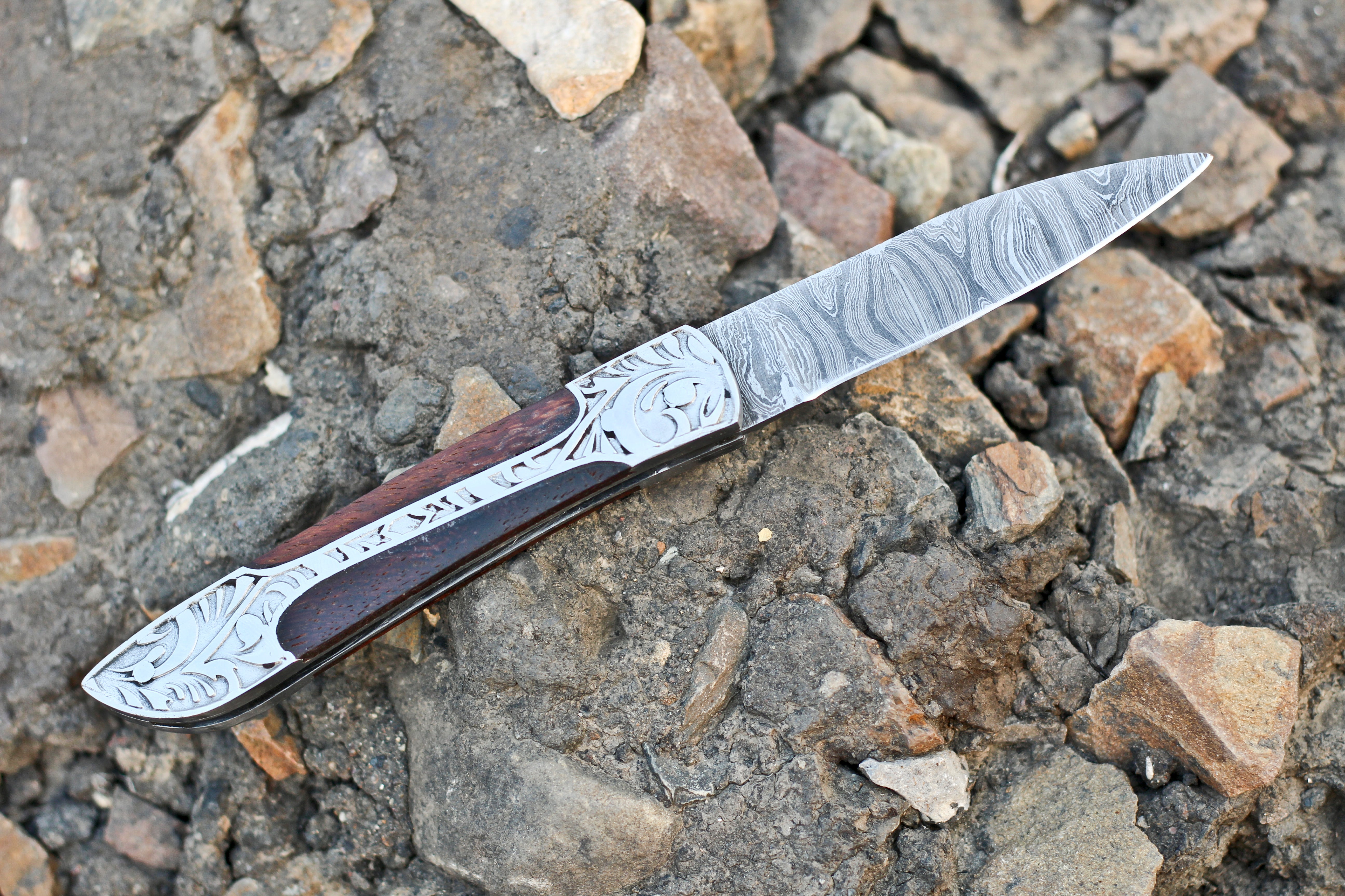 <h3>Handmade Dark Wood Handle Folding Pocket Knife With Engraved Frame Work</h3>
