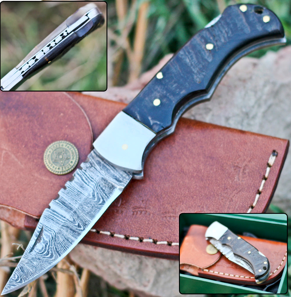 <h3>Handmade Damascus Pocket Knife - 6.5_ Back Lock Folding Knife Ram Horn Handle - Camping Knife</h3>