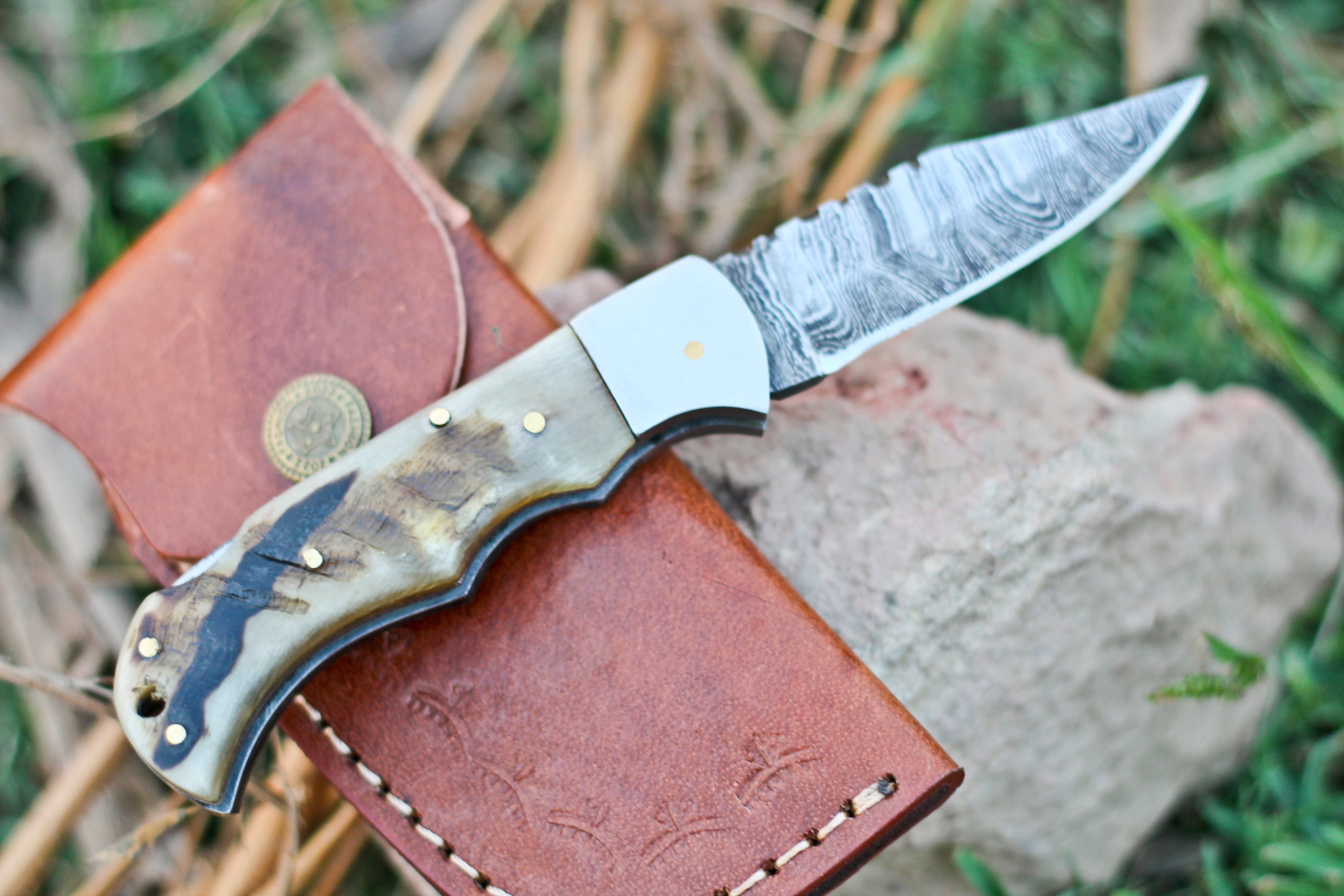 <h3>Handmade Damascus Pocket Knife - 6.5_ Back Lock Folding Knife Ram Horn Handle - Camping Knife</h3>