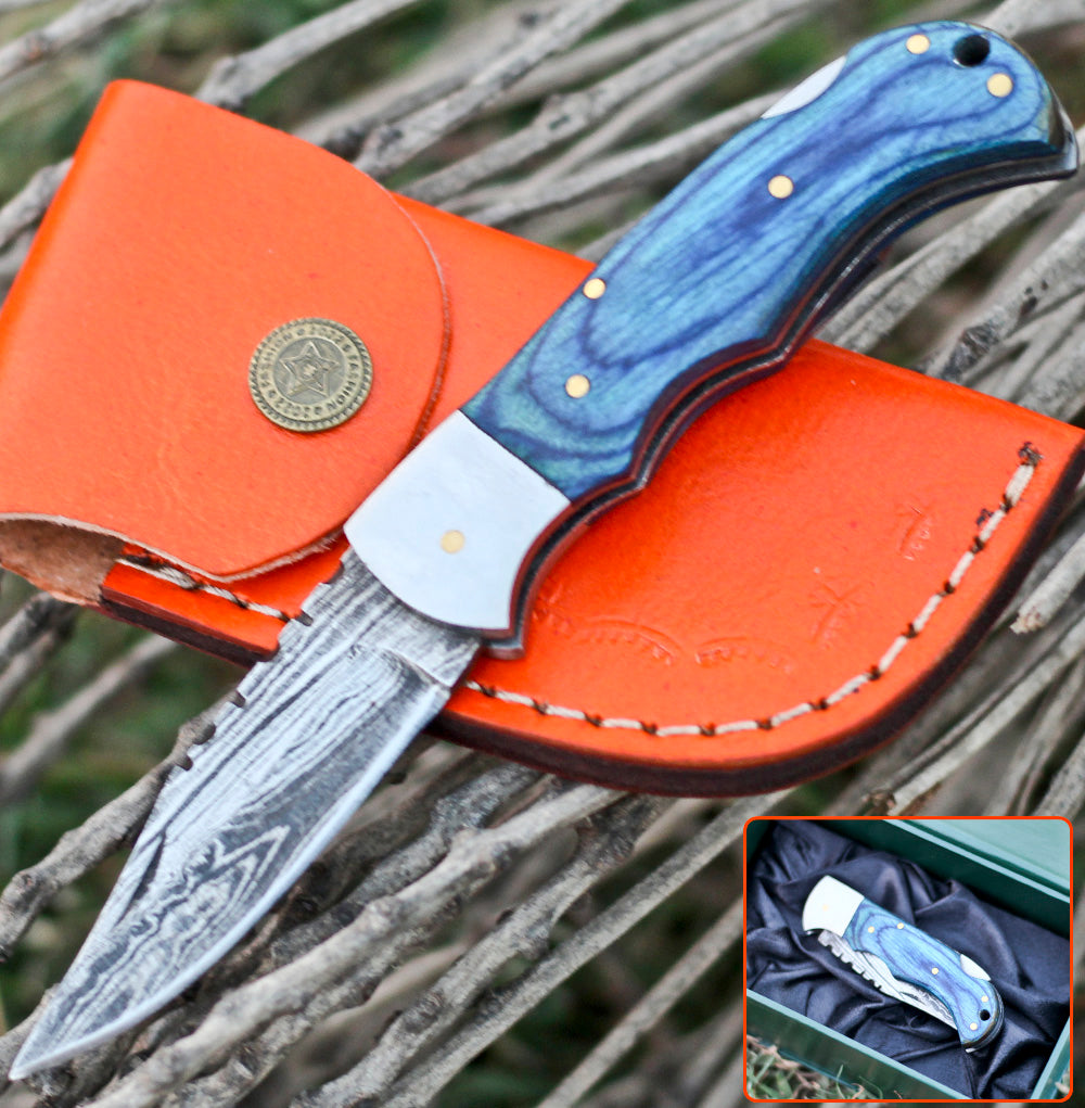 <h3>Handmade Damascus Steel Hunting Folding Knife with Pocket Clip - Camping Folding Blade With Wood Handle</h3>