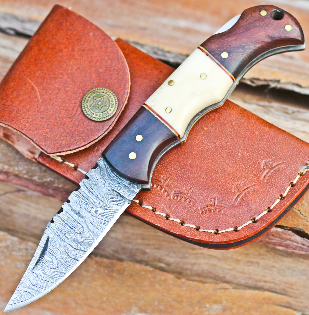 <h3>Custom Hand Made Forged Damascus Steel Folding Knife Wood _ Bone Handle</h3>