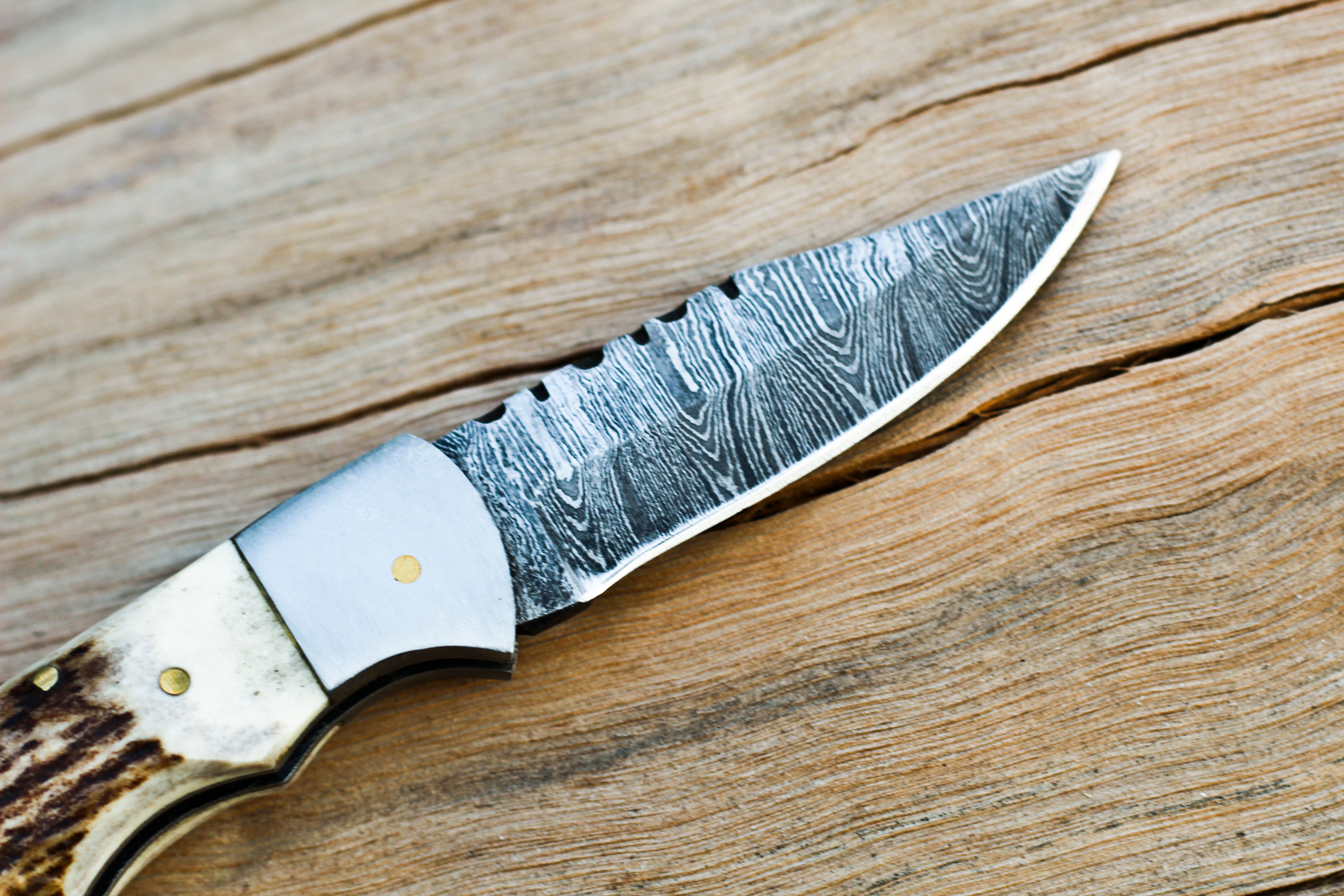 <h3>Handmade Forged Damascus Steel Hunting Folding Camping Pocket Knife With Stag Antler Camel Bone _ Steel Bolster Handle</h3>