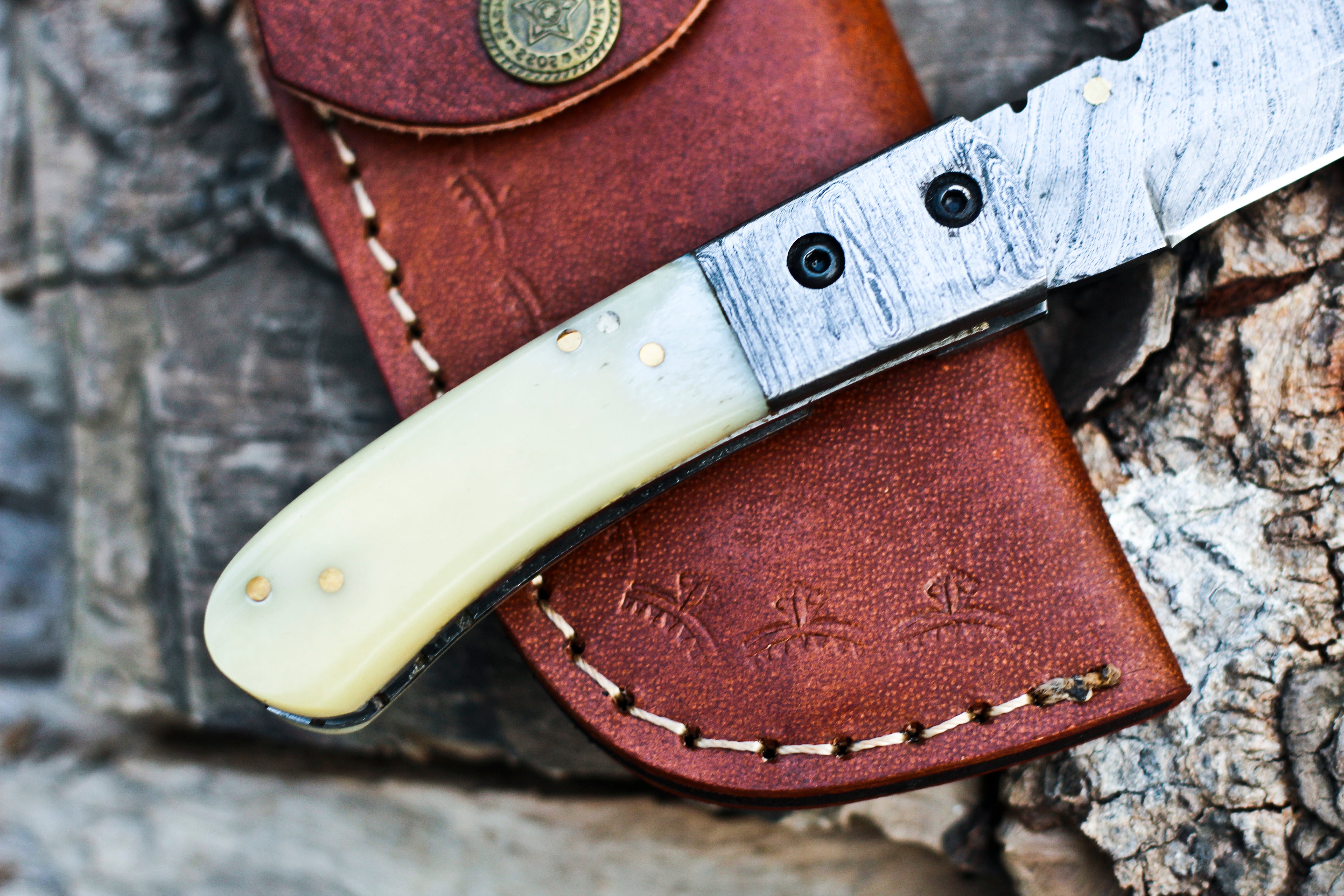 <h3>Custom Hand Forged Damascus Steel Hunting Folding Knife With Damascus Bolster _ Camel Bone Handle</h3>