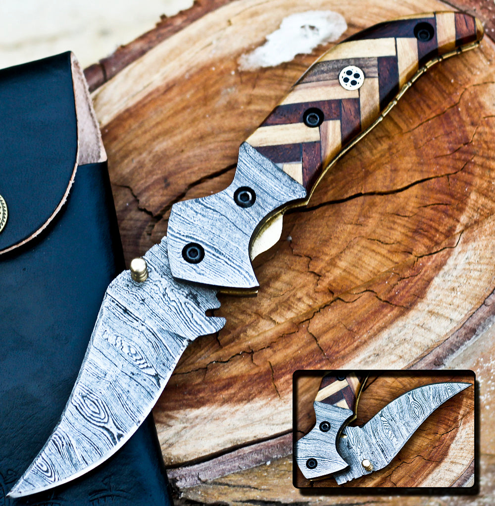 <h3>Handmade Gift Knife with Olive _ Dark Wood Handle - Camping Pocket Knife</h3>