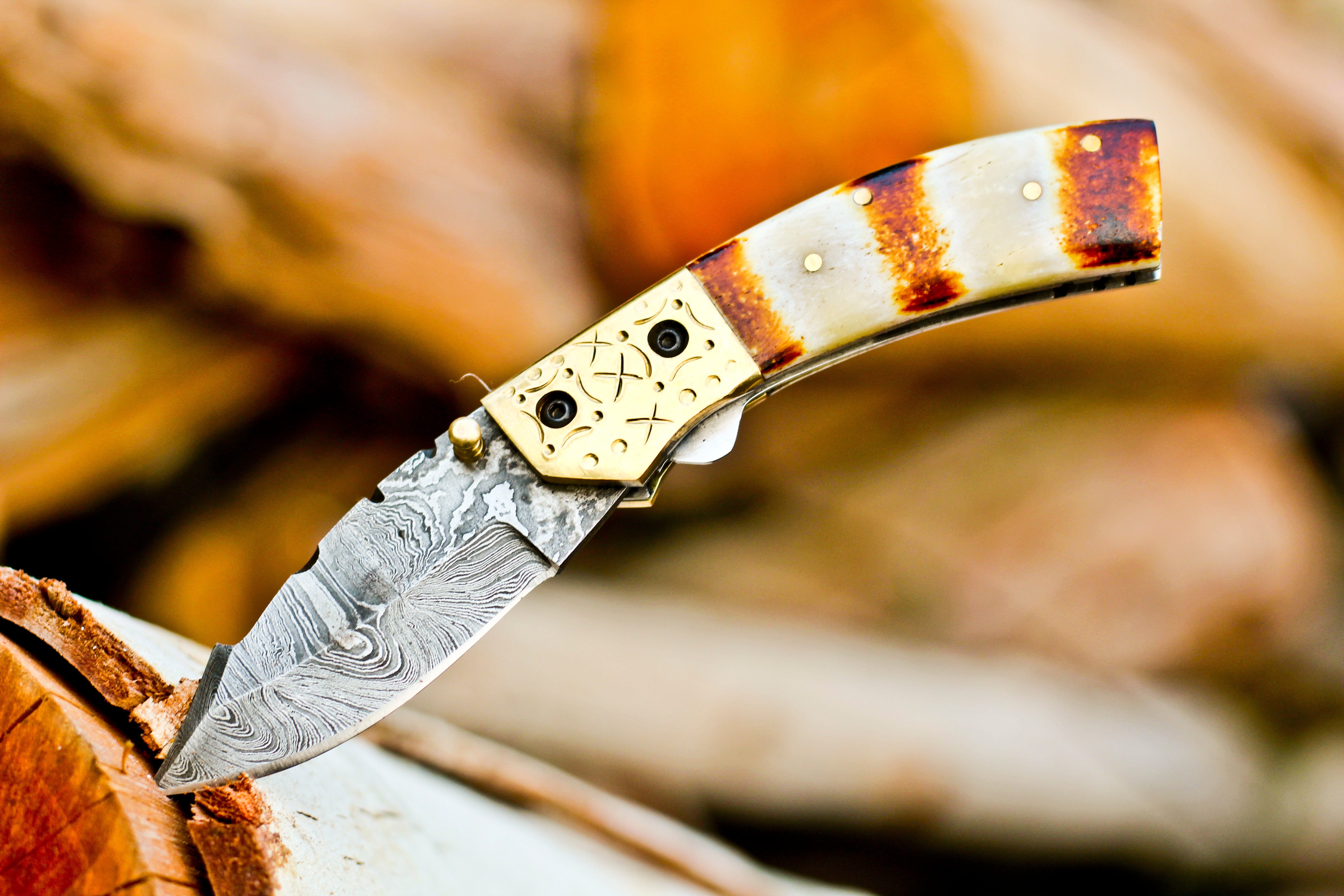 <h3>Custom Handmade Damascus Steel Folding Blade Pocket Knife With Engraved Camel Bone Handle</h3>