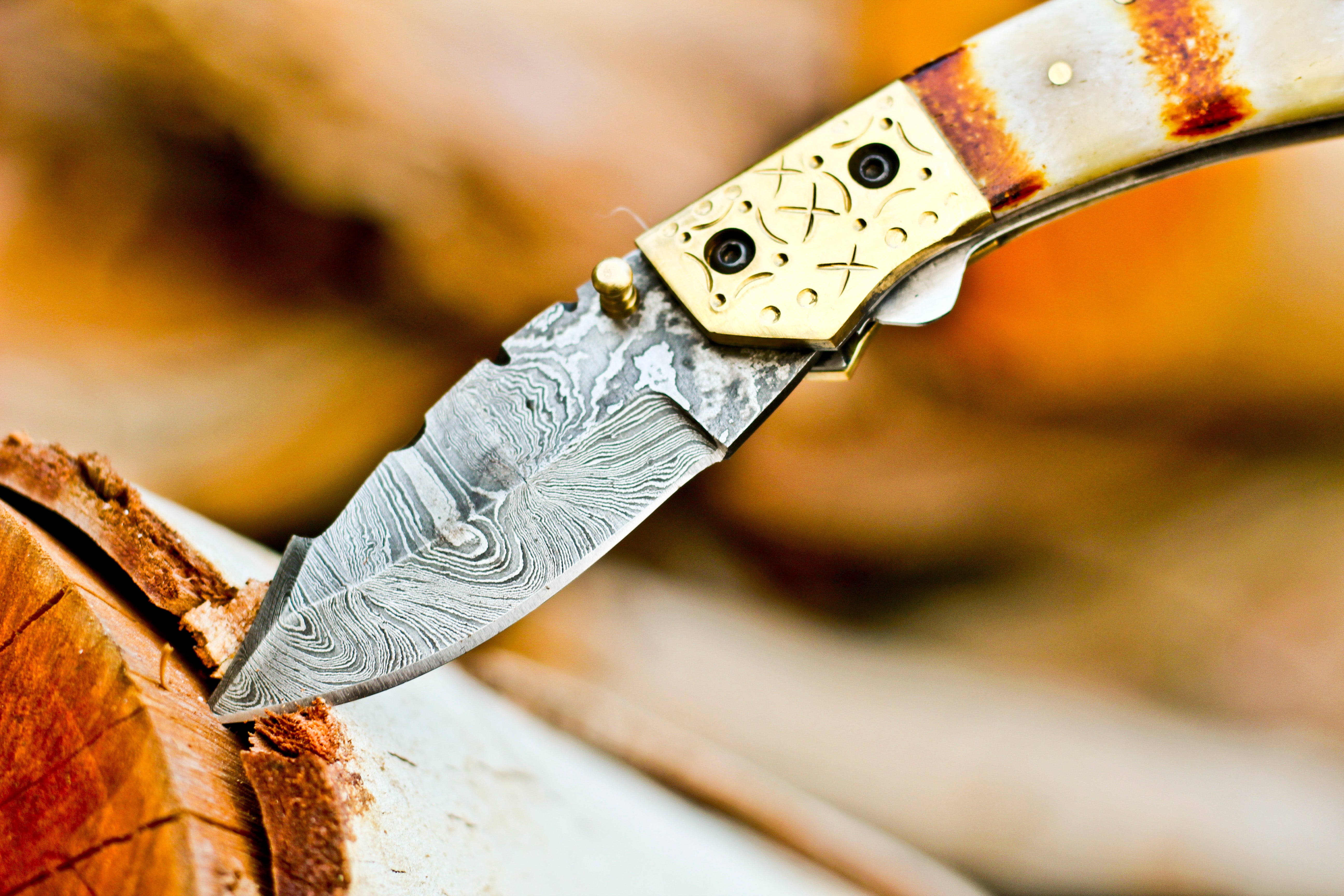 <h3>Custom Handmade Damascus Steel Folding Blade Pocket Knife With Engraved Camel Bone Handle</h3>