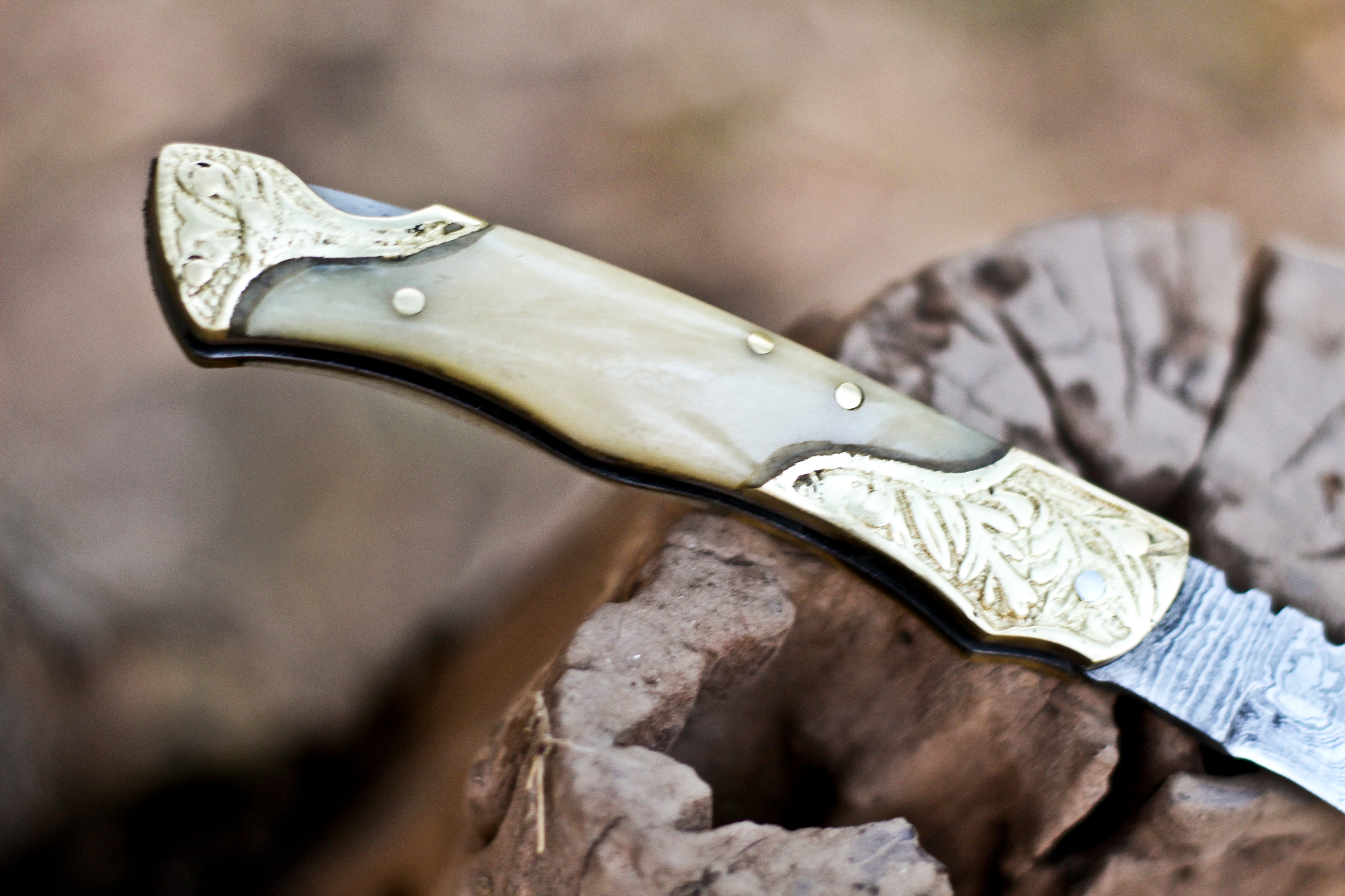 <h3>Custom Hand Forged Damascus Steel  Folding Knife With Brass Bolster _ white bone Handle</h3>