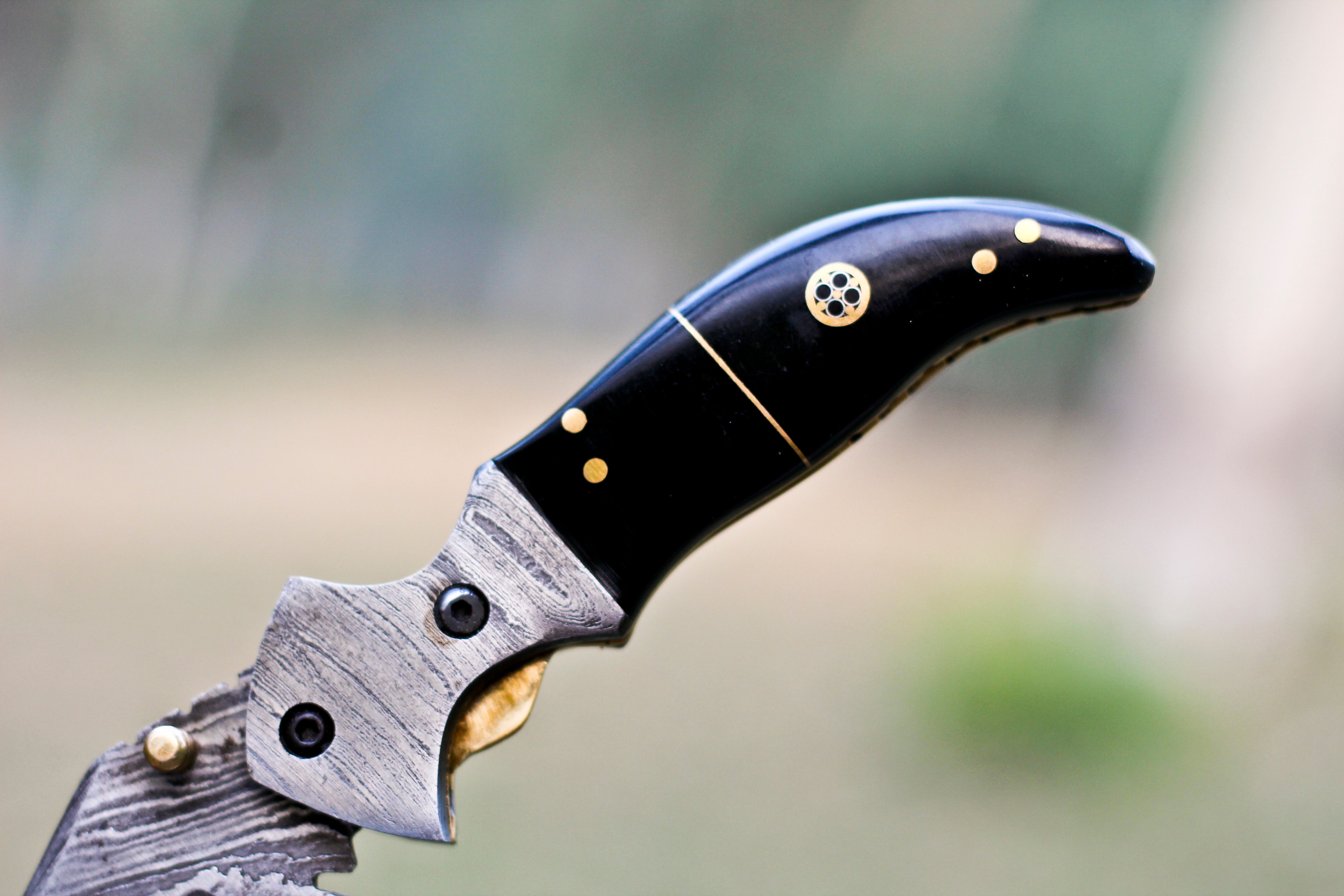 <h3>Handmade Forged Damascus Pocket Folding Knife - Wood _ Bull Horn Handle - Damascus Bolster</h3>