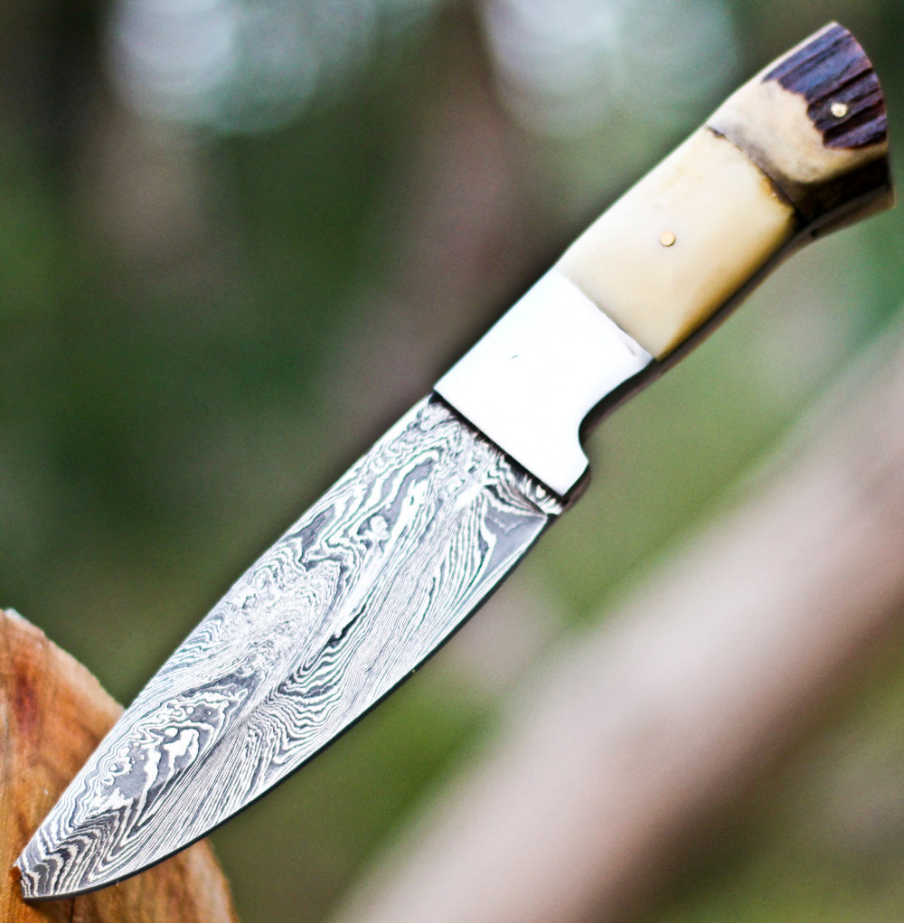 <h3>Handmade Forged Damascus Steel Hunting Skinner Knife EDC 9” -V3 With Stag Antler _ Engraved Camel Bone Handle</h3>