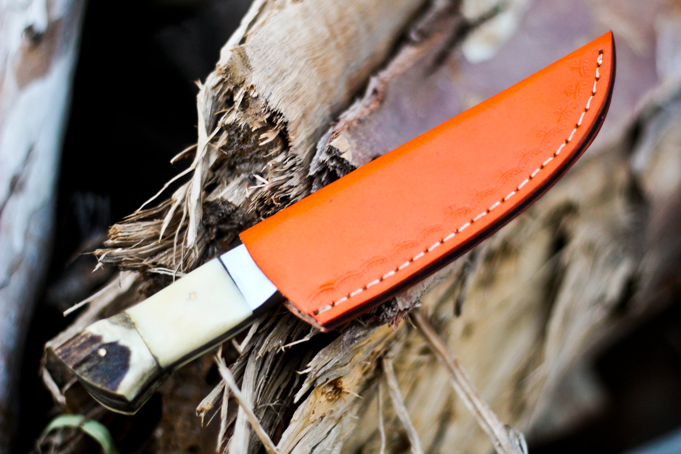 <h3>Handmade Forged Damascus Steel Hunting Skinner Knife EDC 9” -V3 With Stag Antler _ Engraved Camel Bone Handle</h3>
