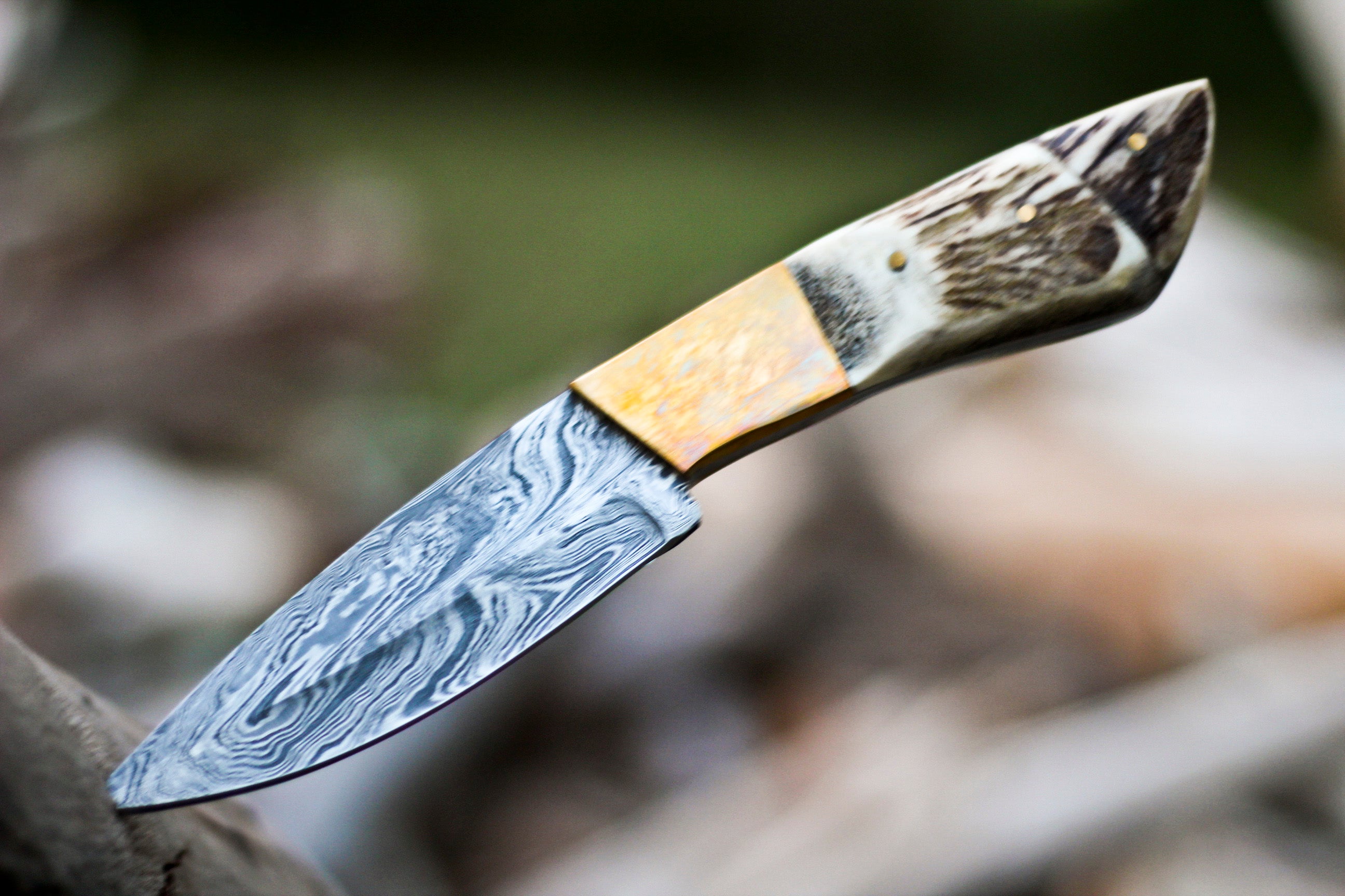<h3>Handmade Forged Damascus Steel Hunting Skinner Knife EDC 9” V3 With Stag Antler _ Engraved Camel Bone Handle</h3>