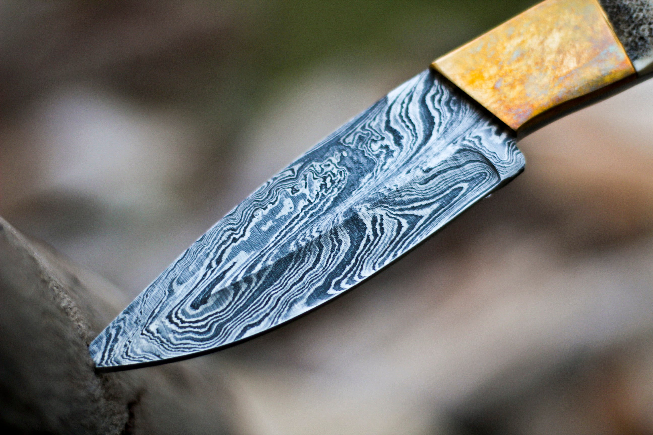 <h3>Handmade Forged Damascus Steel Hunting Skinner Knife EDC 9” V3 With Stag Antler _ Engraved Camel Bone Handle</h3>